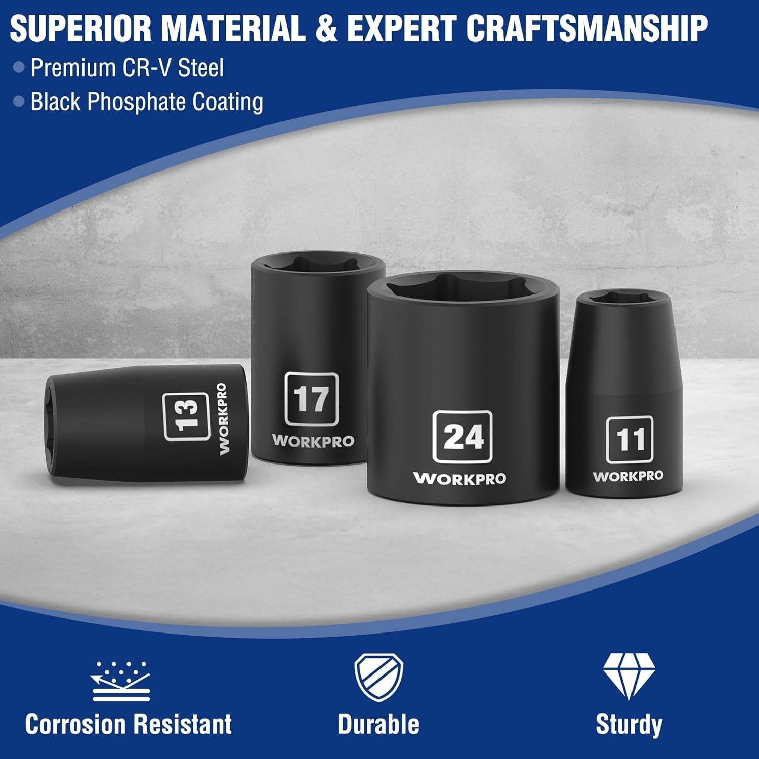 1/2” Drive Shallow Impact Socket Set, Metric Cr-V Steel 6-Point Socket Set wi…