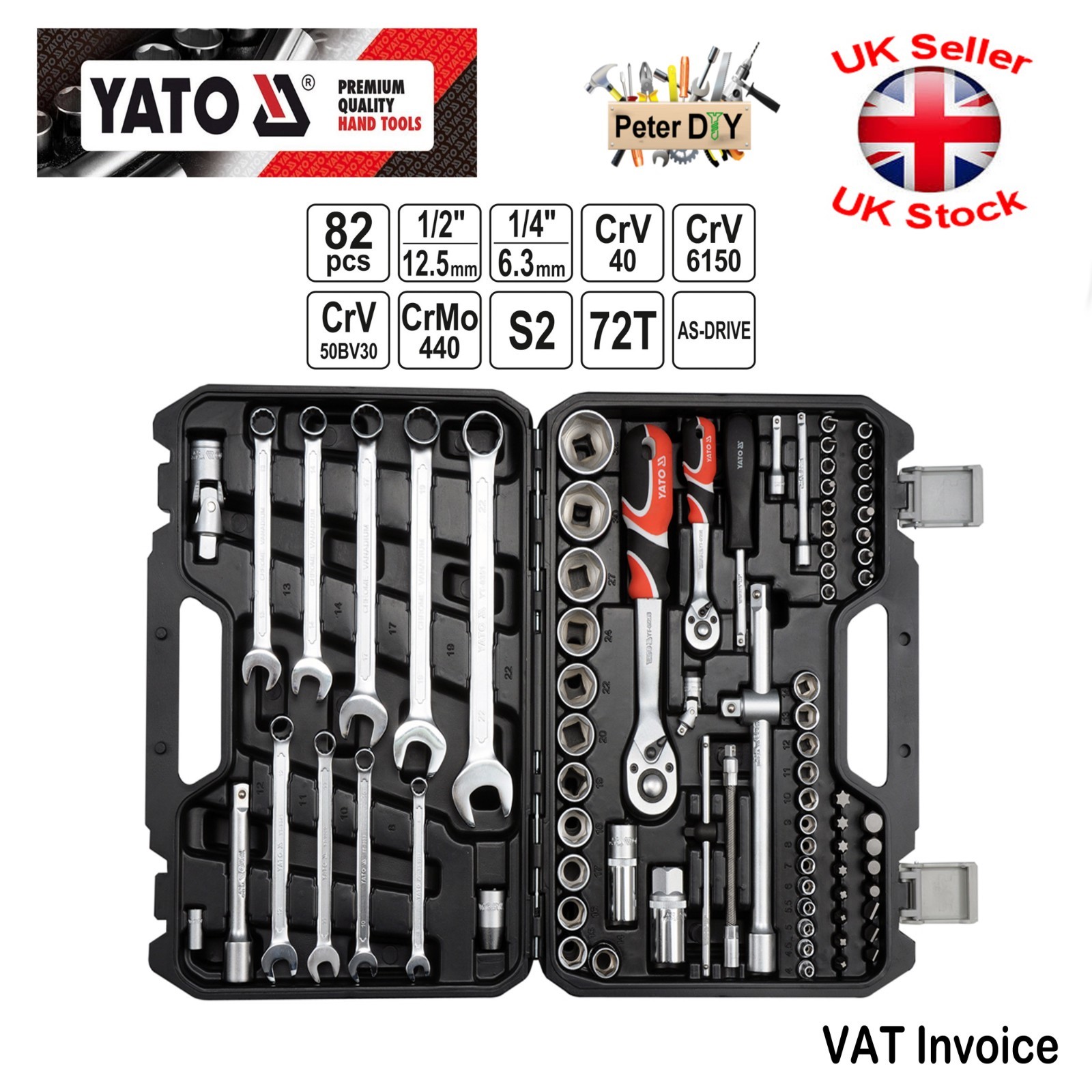 Yato Professional 82 pcs Ratchet Socket Set 1/2 1/4 Tools Toolbox YT-12691