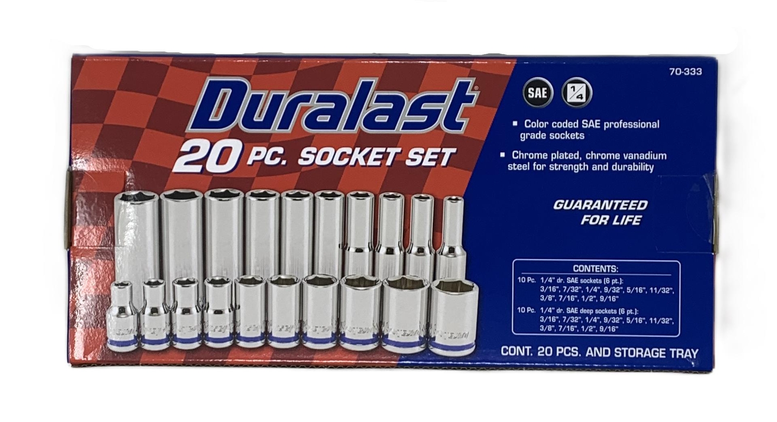 Duralast 20PC Socket Set + Storage Tray (70-333) – 1/4 Drive, SAE, 6 Point