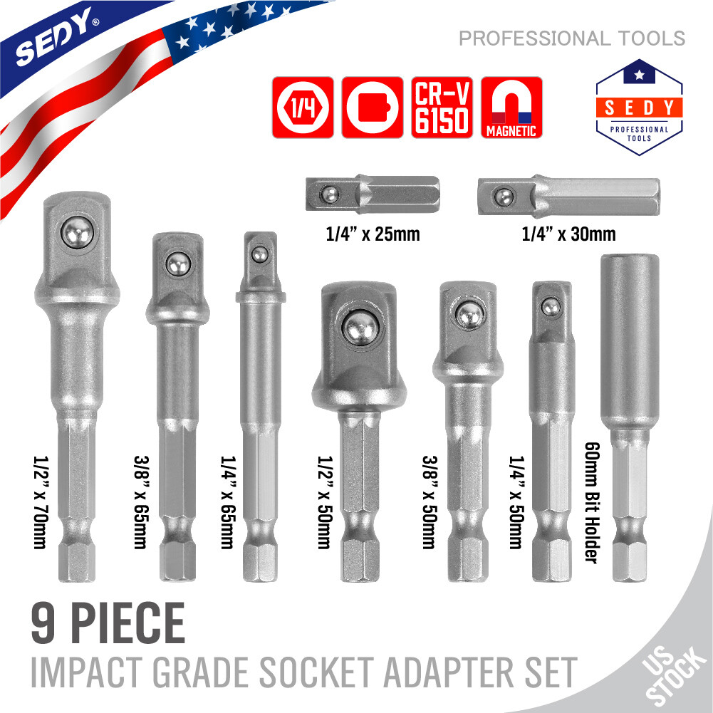9Pcs Socket Adapter Drill Bits Set Impact Driver Tools Hex 1/4″ 3/8″ 1/2″ Shank