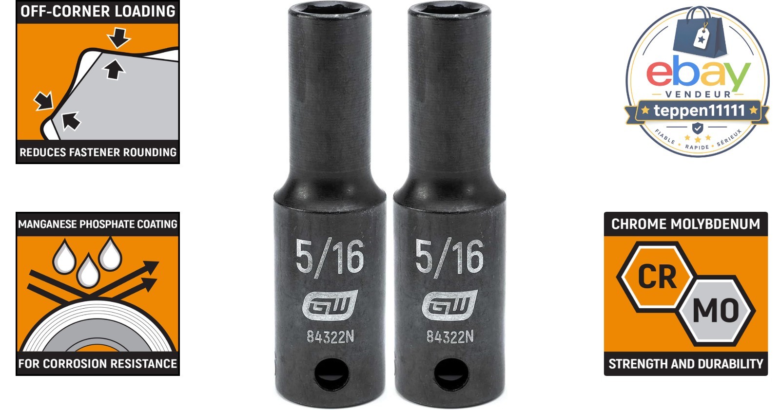 3/8″ Drive Deep Impact Socket 5/16″ 6 Point Pack of 2