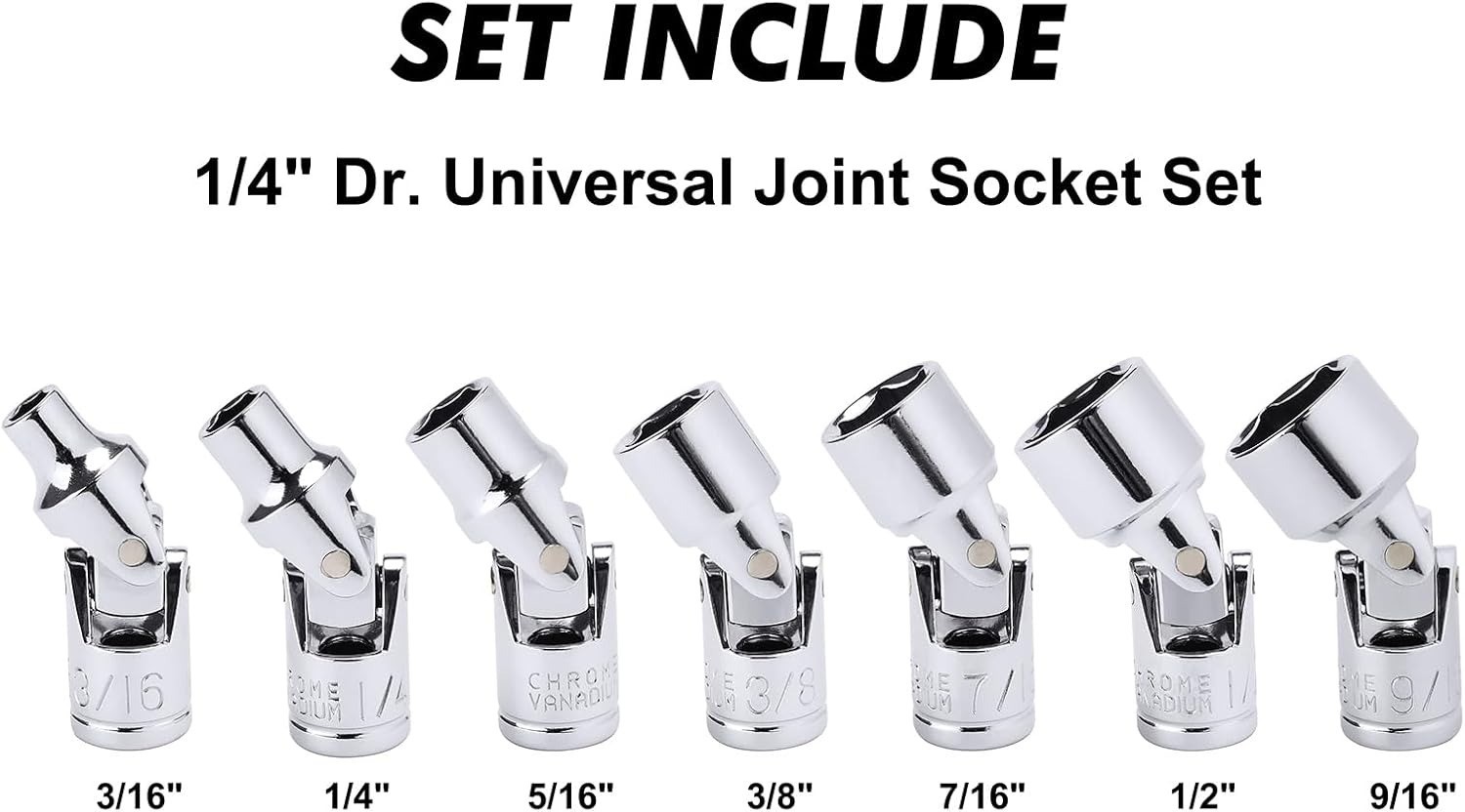 7PCS 1/4″ Drive Universal Flex Socket Set, SAE, 3/16″ to 9/16″, 6-Point