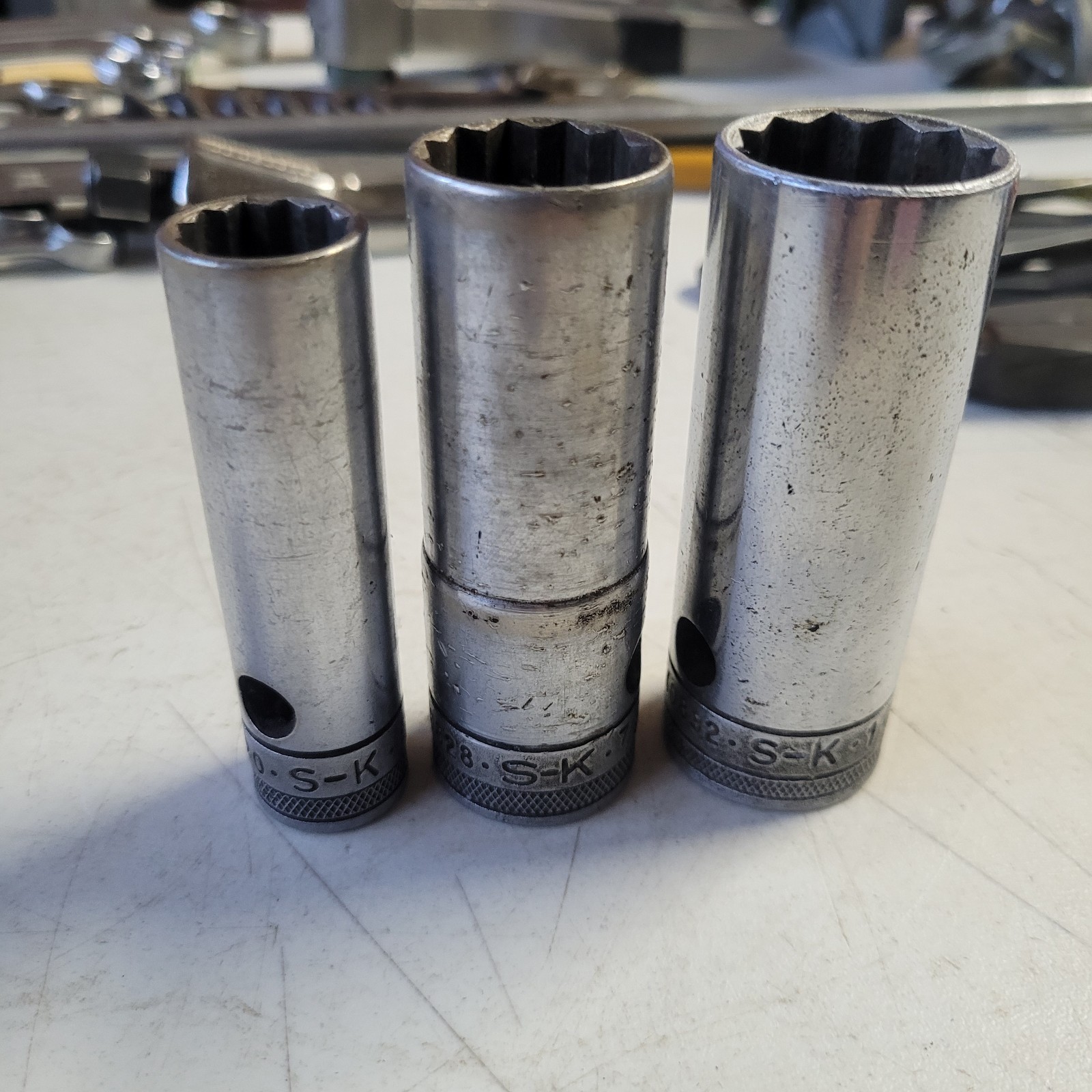Vintage S-K Tools 1/2″ Drive Deep Sockets 12 pt 40820 5/8″ 40828 7/8″ 40832 1″