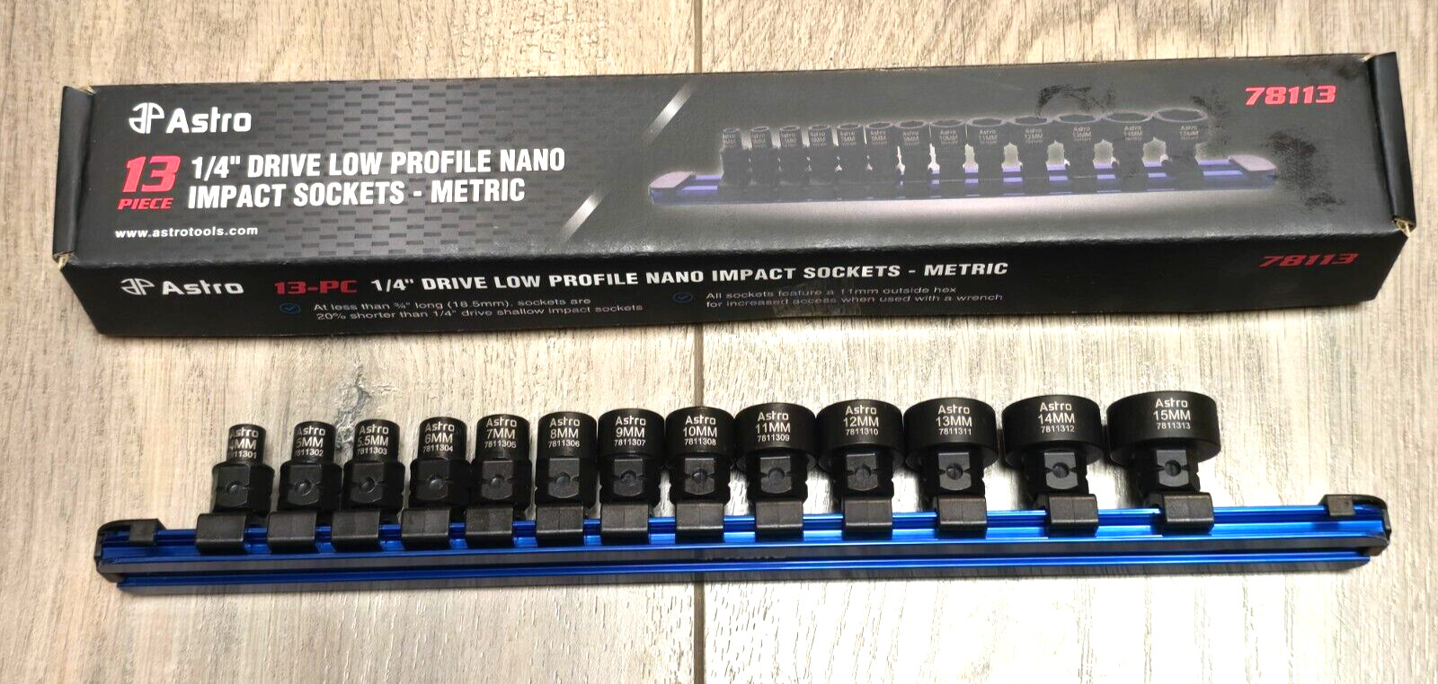 Astro 1/4″ dr 13pc Metric Low Profile Stubby Nano Impact socket Set w/Rail 78113