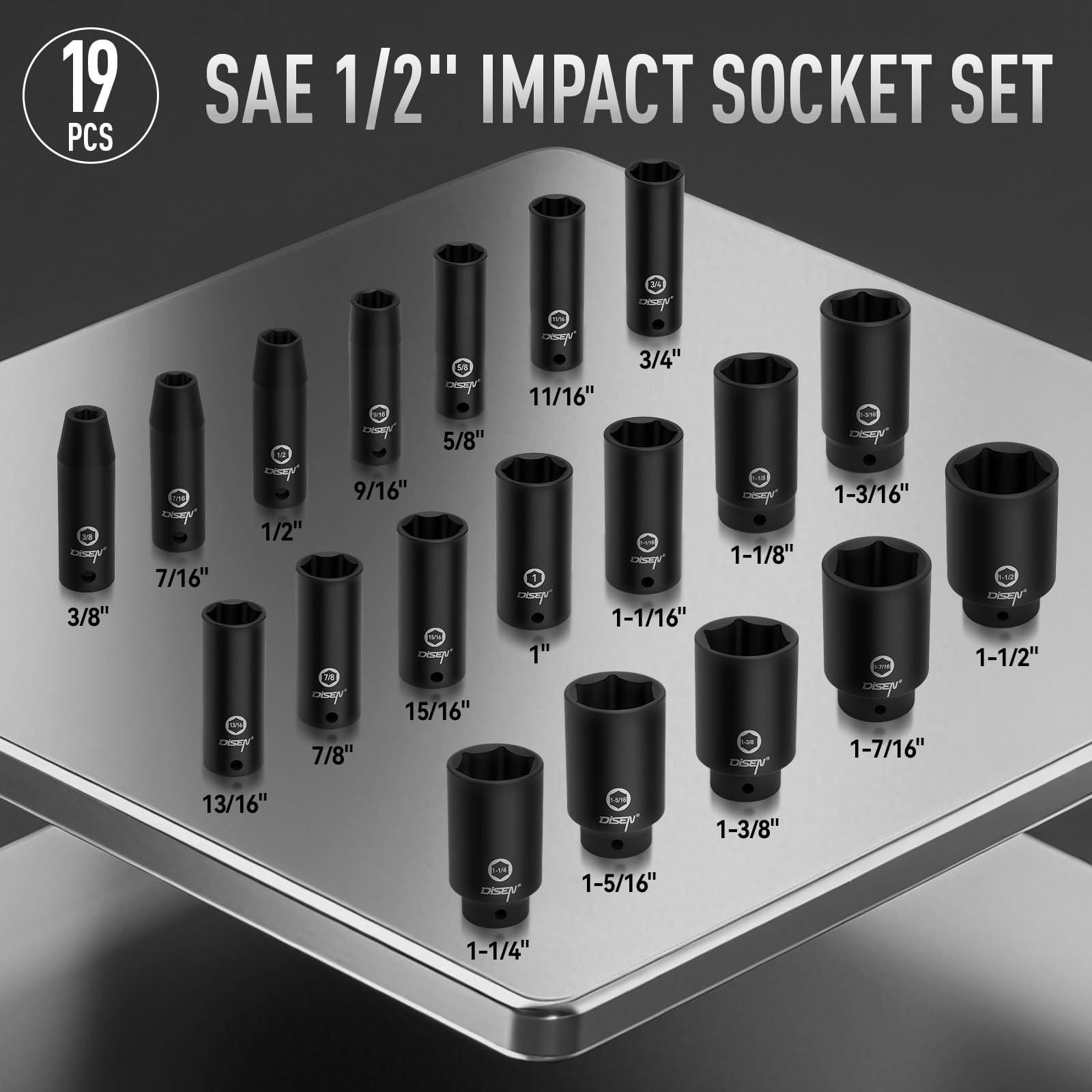 19 Pcs 1/2″ SAE Impact Socket Set – Deep 6-Point Cr-V & Alloy Steel, Durable Cas