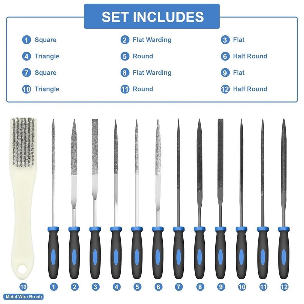 13-Piece Metal Needle File Set with 6 Diamond Files 6 Steel FilesCleaning