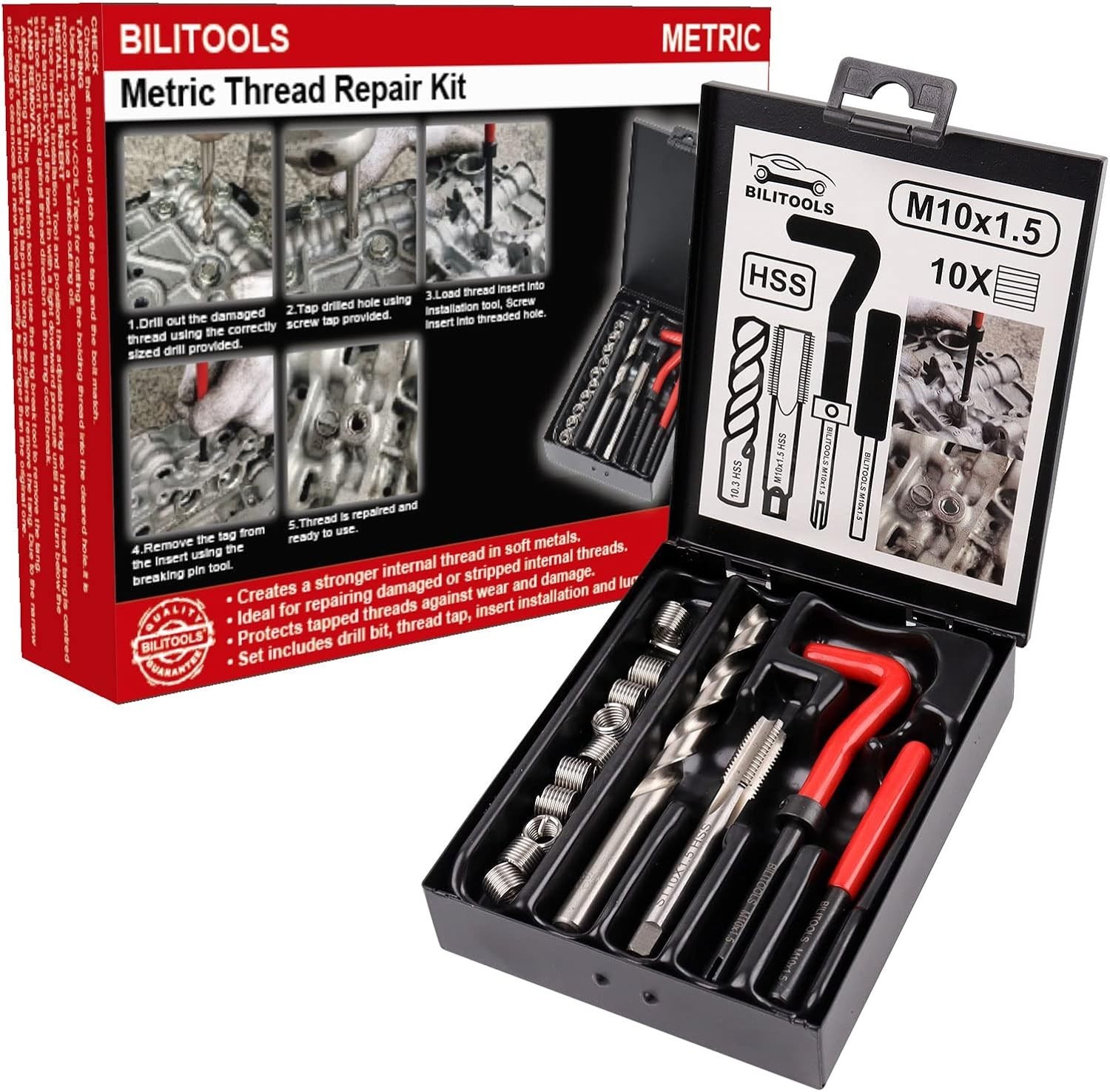 Complete M10x1.5 Thread Repair Kit with Tools & Storage Case for Easy Transport
