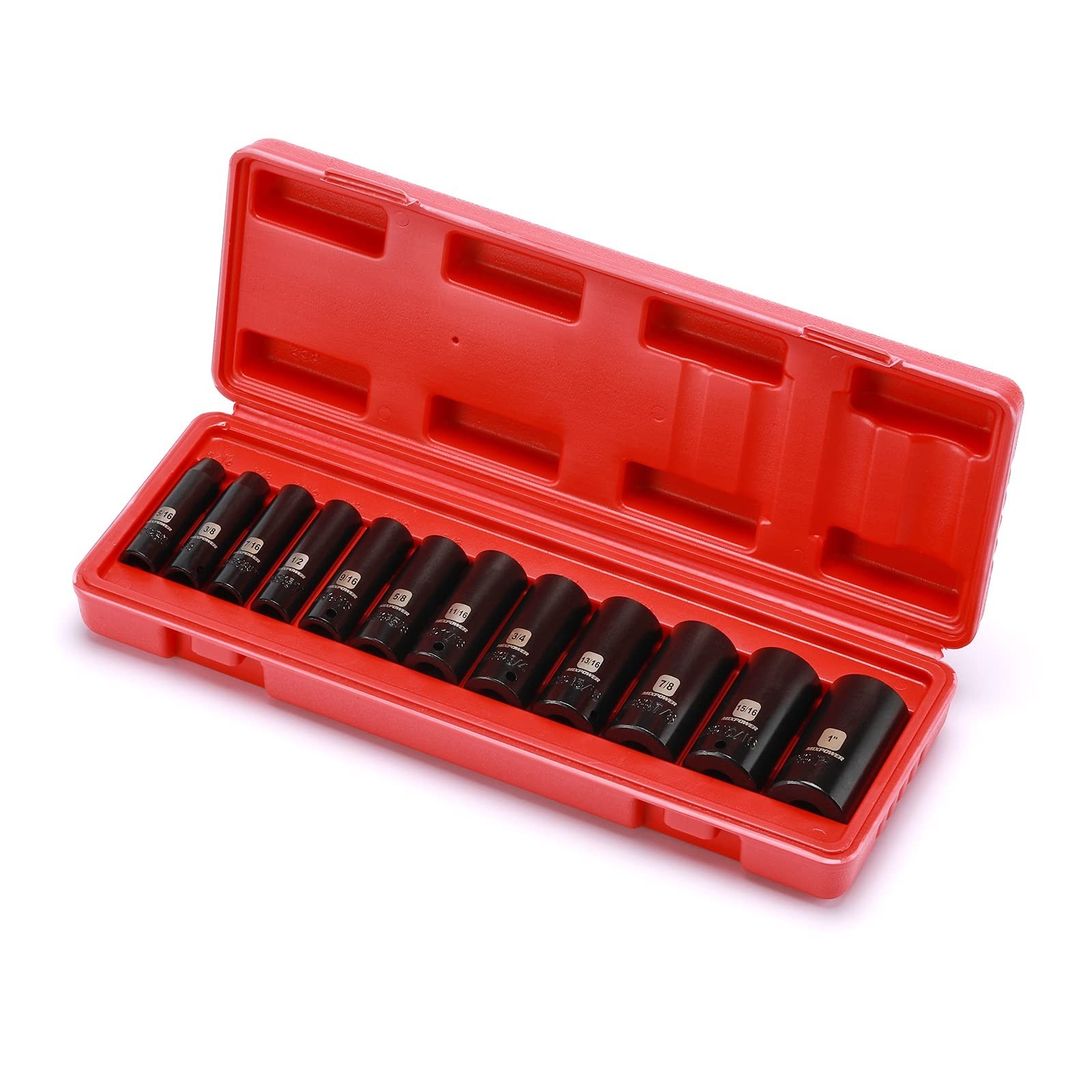 12-Piece 3/8″ Drive Deep Impact Socket Set, SAE 6-Point, CR-V, 5/16″-1″ Sizes