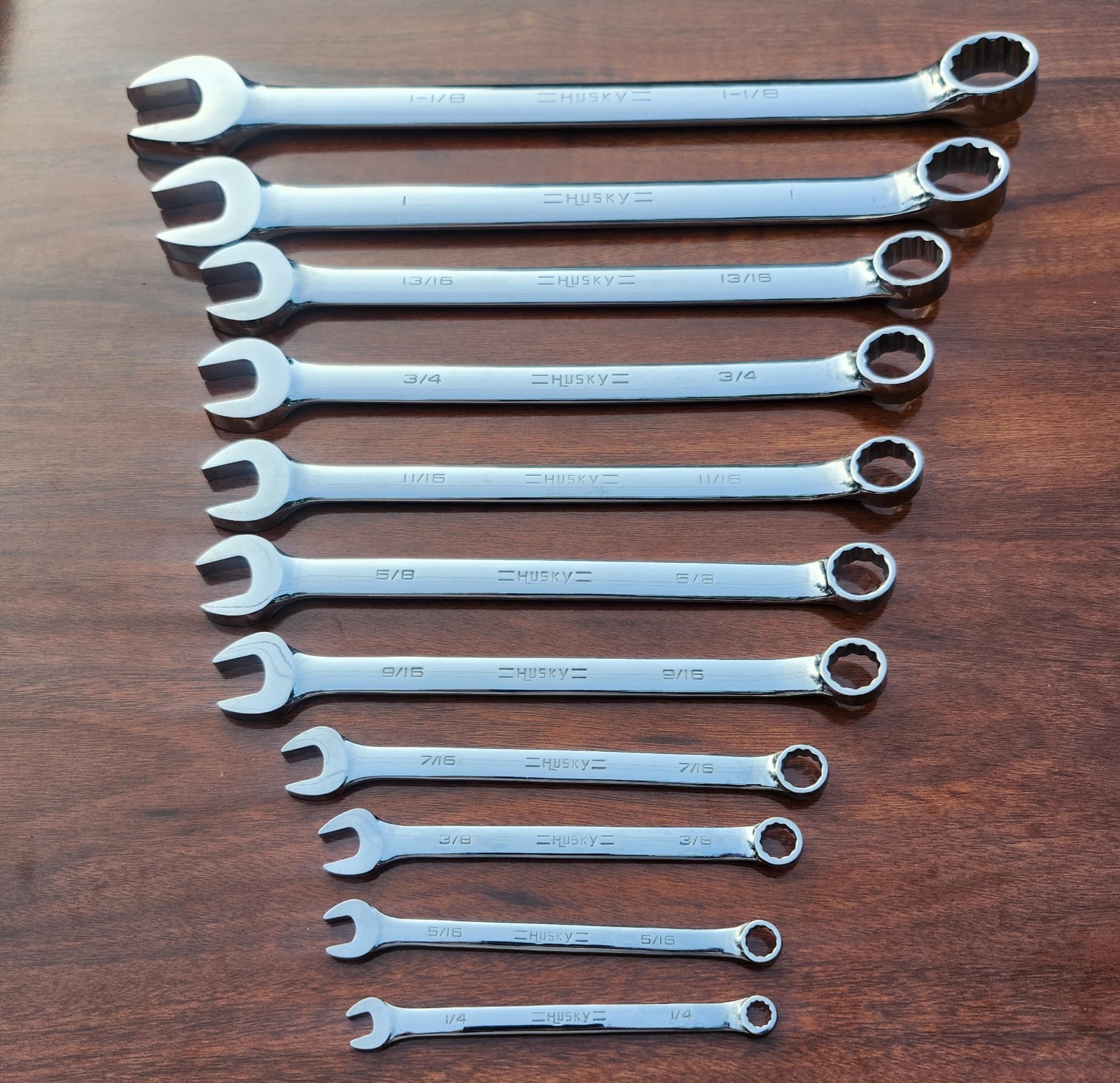 Vintage =Husky= USA 1-1/8″ to 1/4″ Full Polished Comb Wrench Set 11 Pc USA 🇺🇸