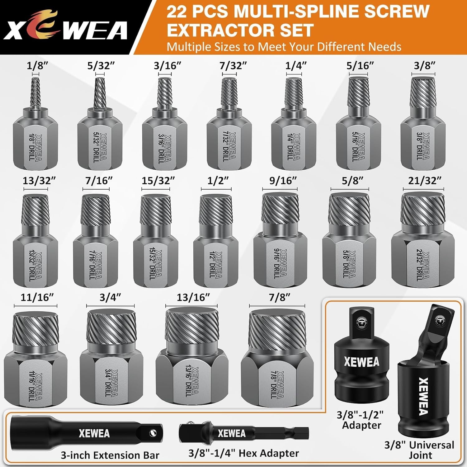 22PCS 3/8″ Drive Screw Extractor Set, Multi-Spline Easy Out Bolt Remover Kit …