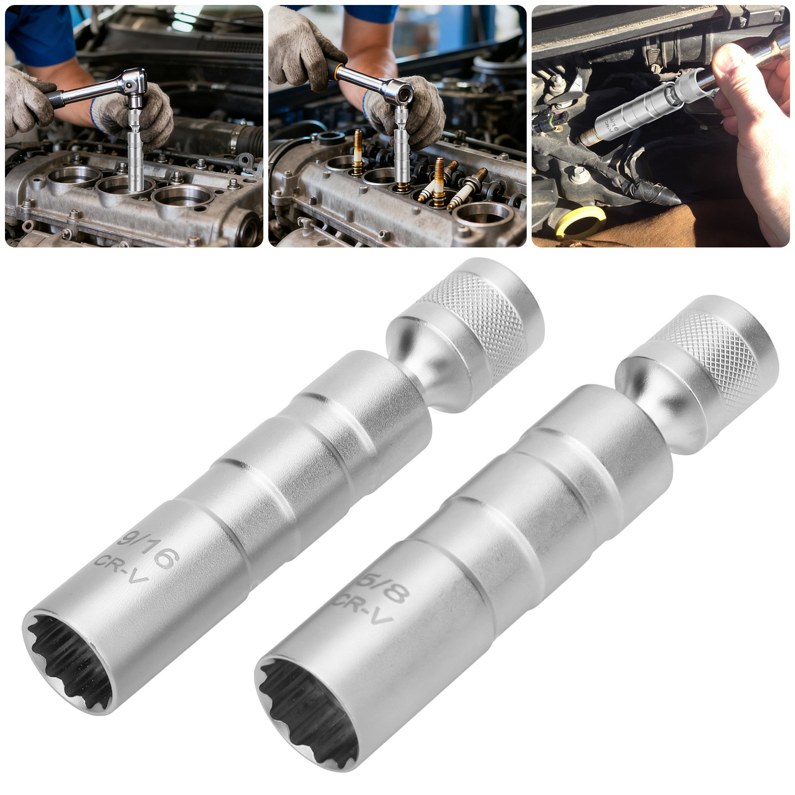 2 PCS 9/16″ & 5/8″ Spark Plug Socket Set 3/8″ Drive 12-Point Swivel Removal Tool