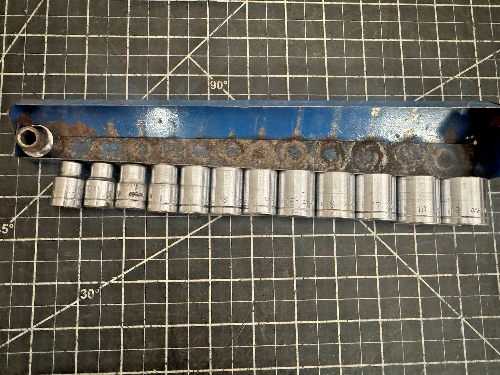 13pc 3/8” Drive Metric Shallow Socket Set – 7mm–19mm – Made in Japan – Blue Rail