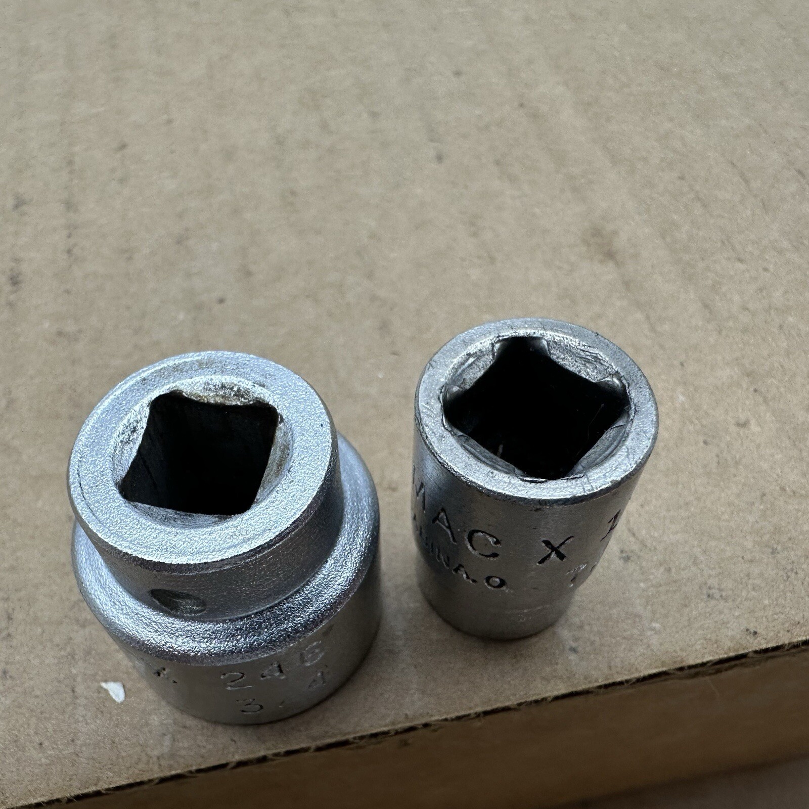 Lot 2 Vintage MAC 3/8″ Drive 6 Point Shallow Sockets USA X246 3/4 X146 7/16” VGC