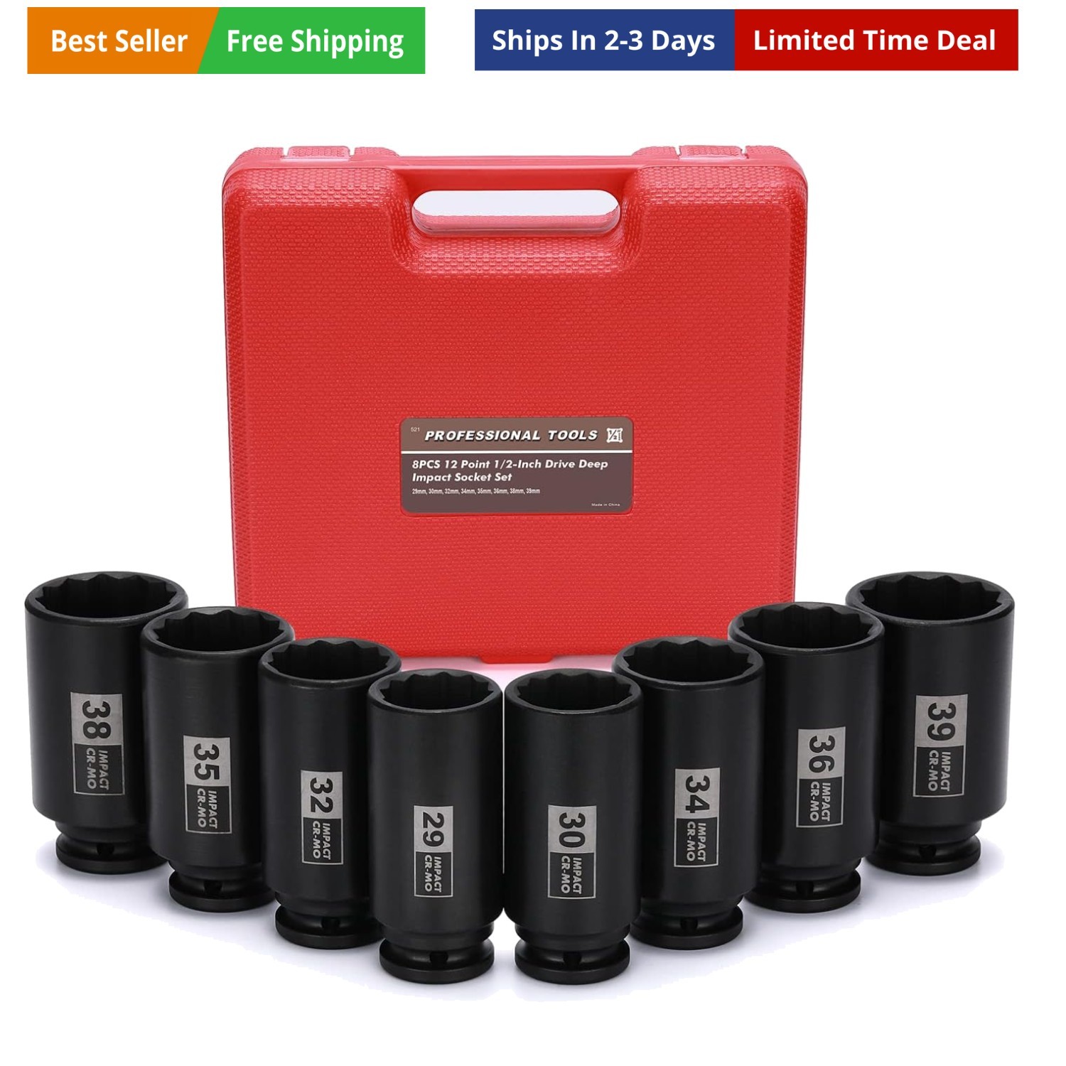 8PCS 1/2″ Deep Axle Nut Impact Socket Set, CR-MO, 12 Point Design, Metric, 29…