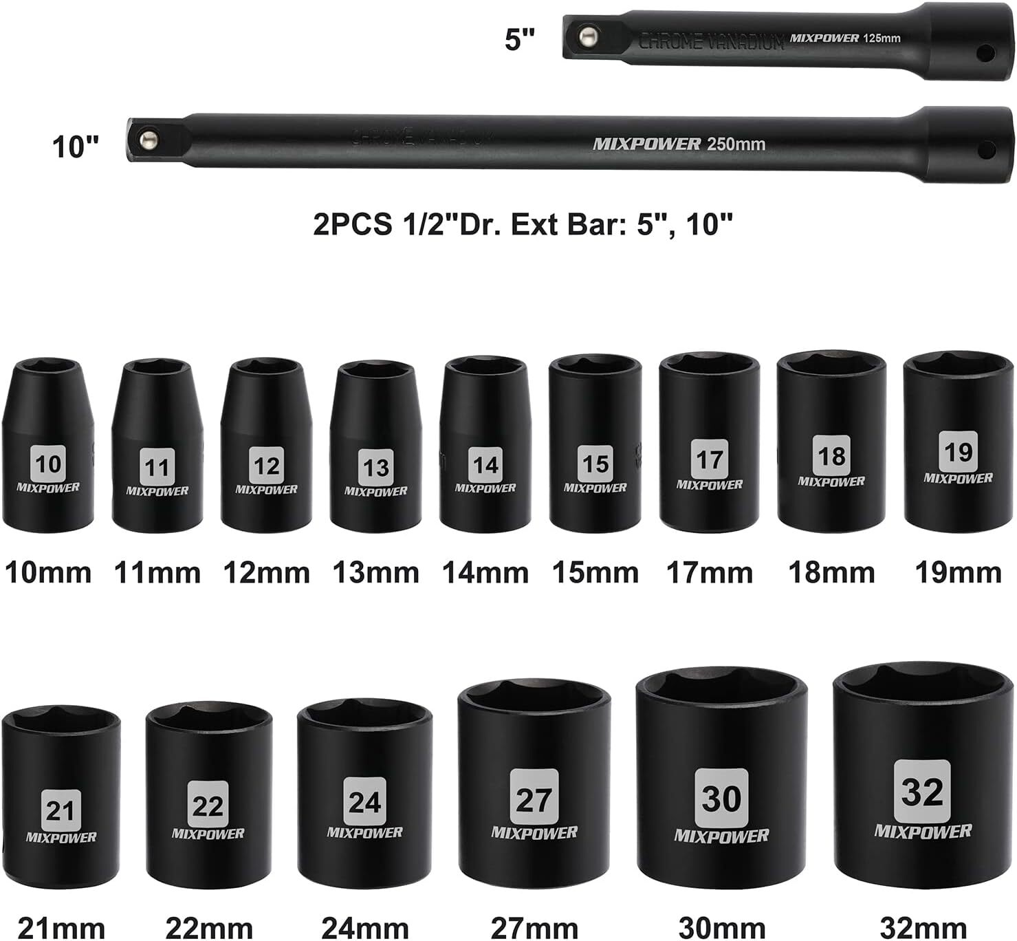 17 Pieces 1/2-Inch Drive Shallow Impact Socket Set, Includes 10mm to 32mm, 5″, 1