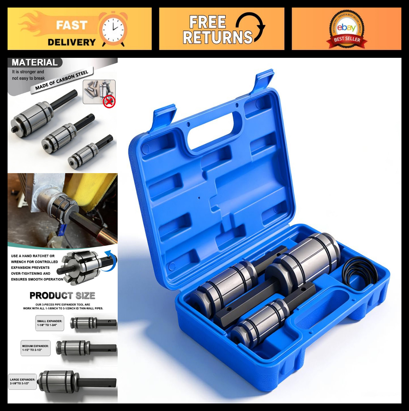 Exhaust Tail Pipe Expander Tool Set – 3 Pcs, Fits 1/18» to 3-1/2» for Vehicles