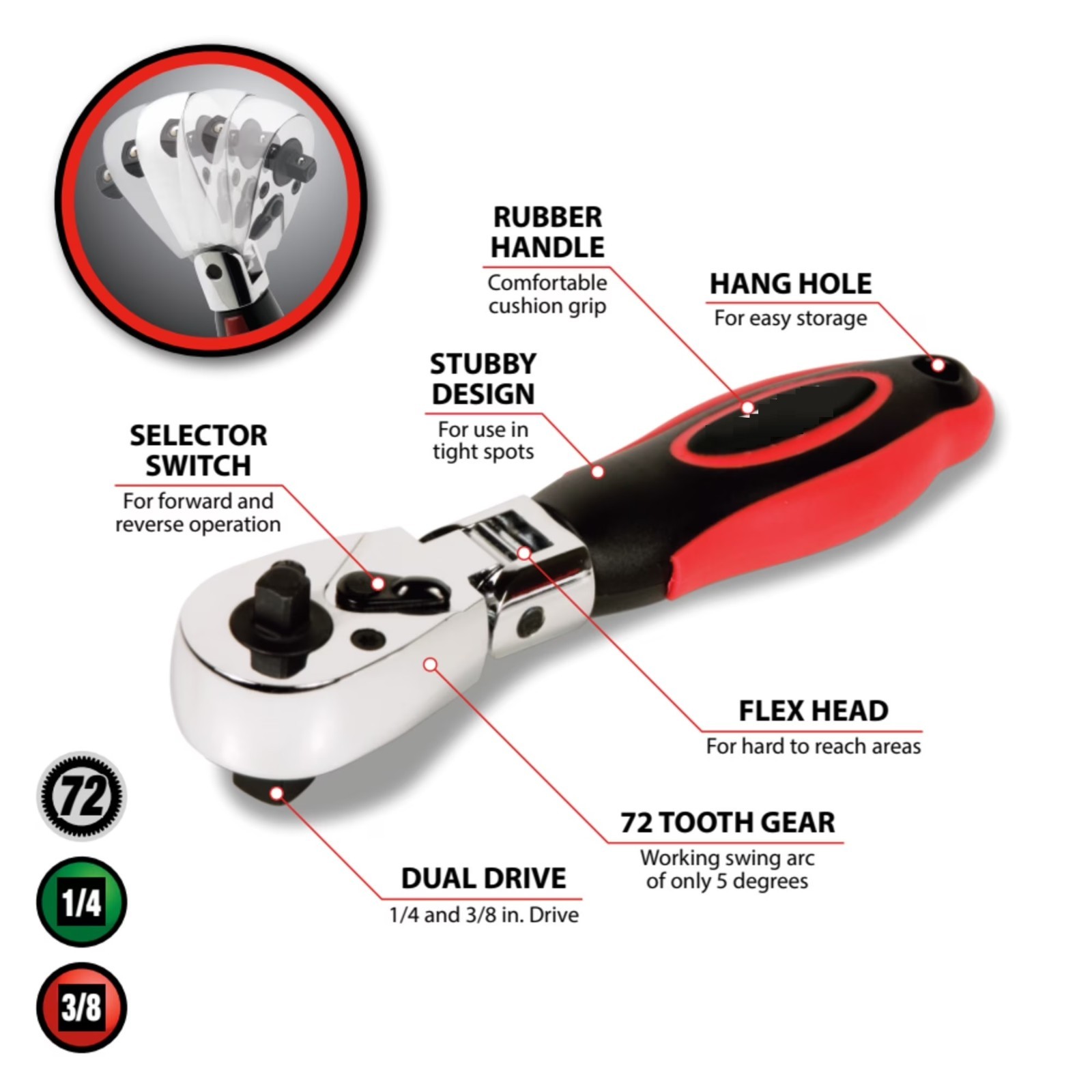 Dual Drive Flex Head Stubby Ratchet 1/4″ & 3/8″ 72-Tooth Hand Tool