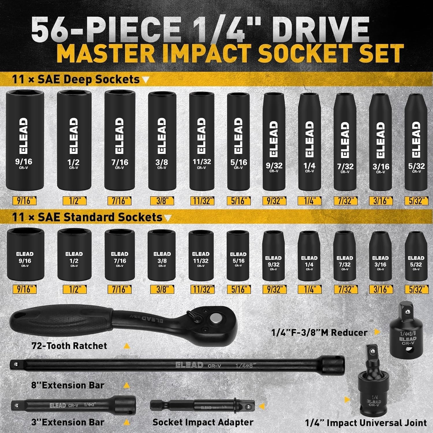 56pcs 1/4″ Drive Impact Socket Set with Case,SAE & Metric,Deep & Shallow,6-Point