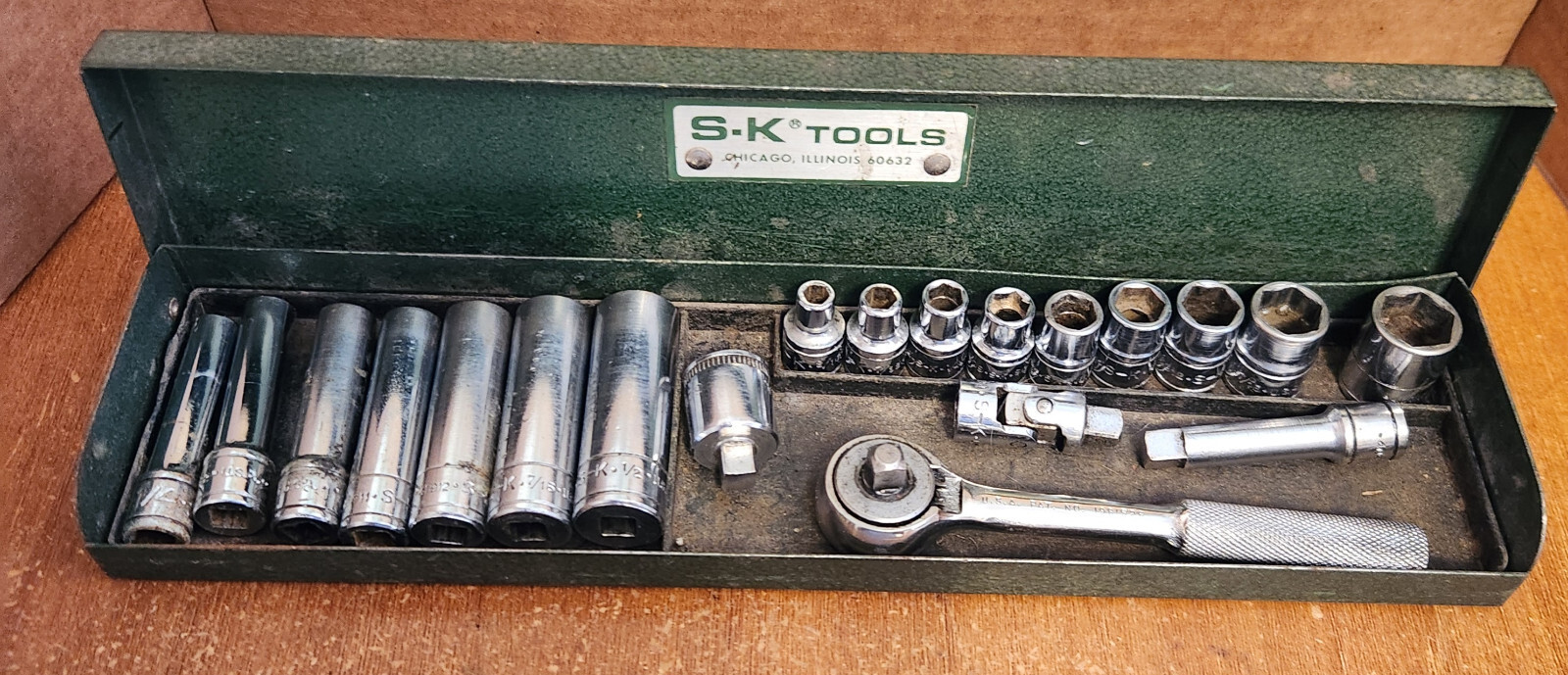 S-K Tools 1/4″ Dr. SHALLOW & Deep SAE Socket Set 20pc SK + Metal Case – Lot 3213