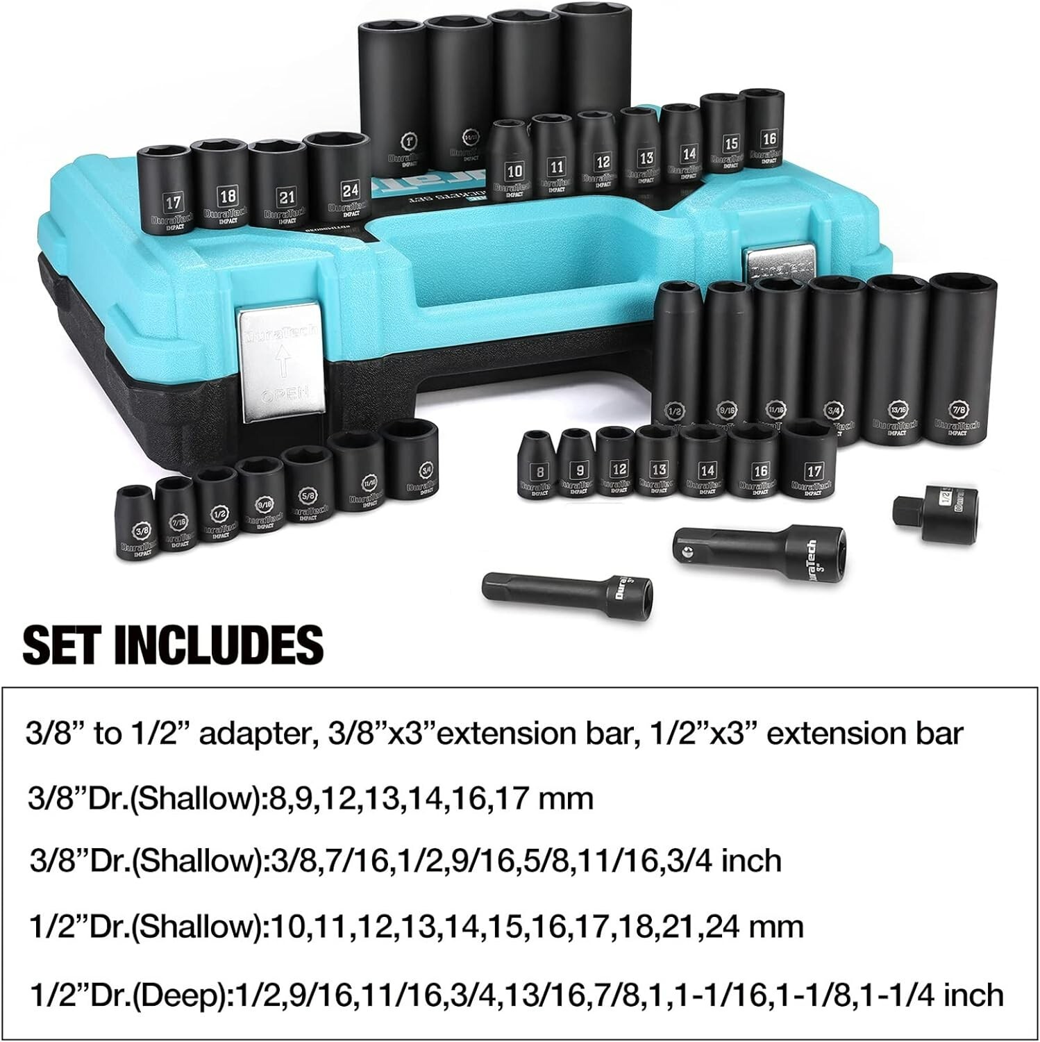 Professional 38-piece High-Quality Socket Set – Metric/SAE – Impact Adapter