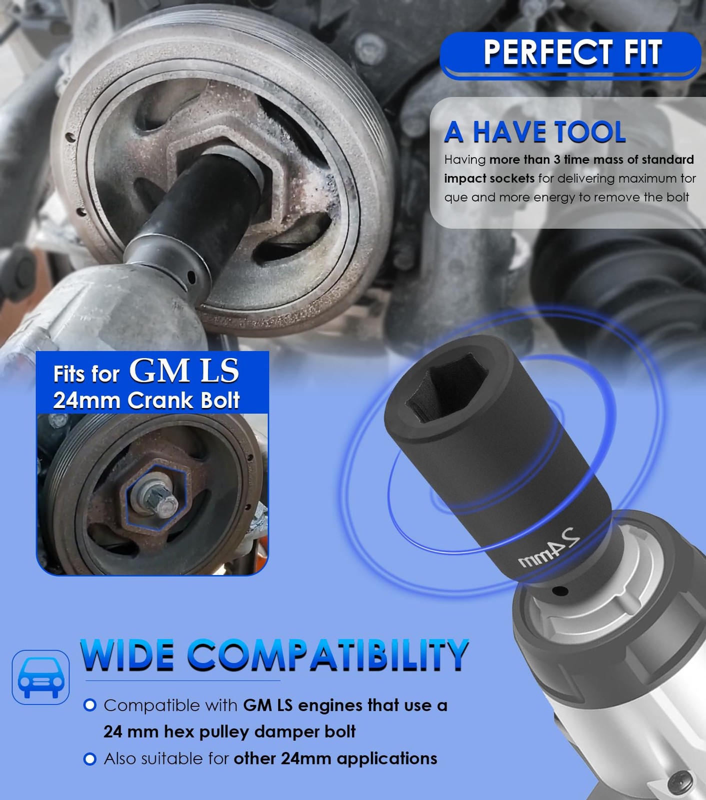 For GM LS 24mm Crank Bolt Socket 77070 Harmonic Balancer Tool, 3