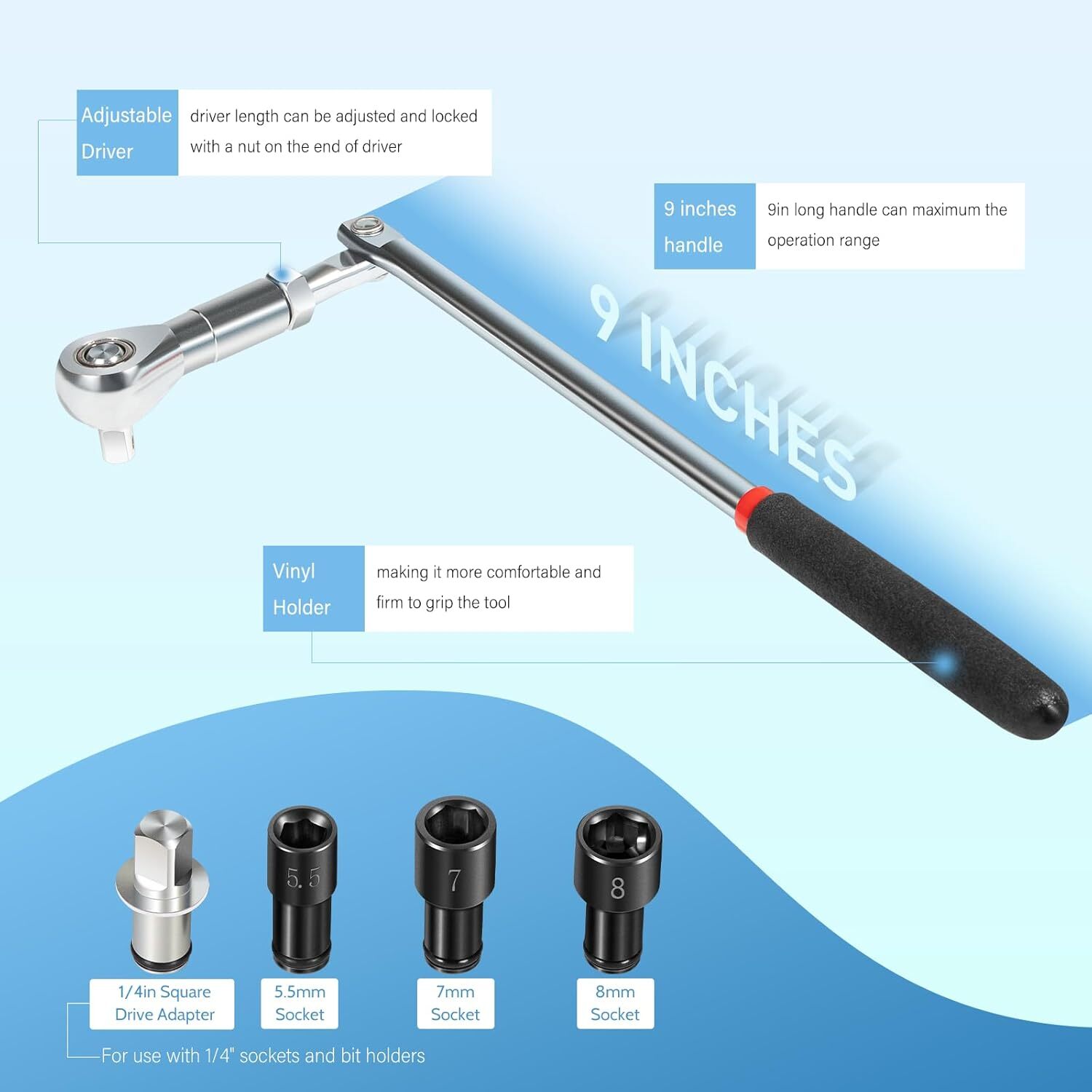 64180 Actuator Motor Tool Set W/5.5mm 7mm 8mm Socket & 1/4″ Square Drive Adapter
