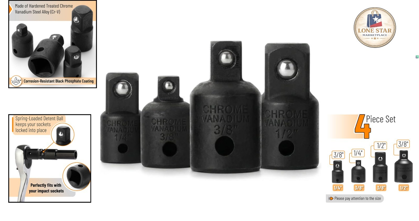 Versatile Impact Socket Adapter Set – 4-Piece Chrome Vanadium with Black Coating