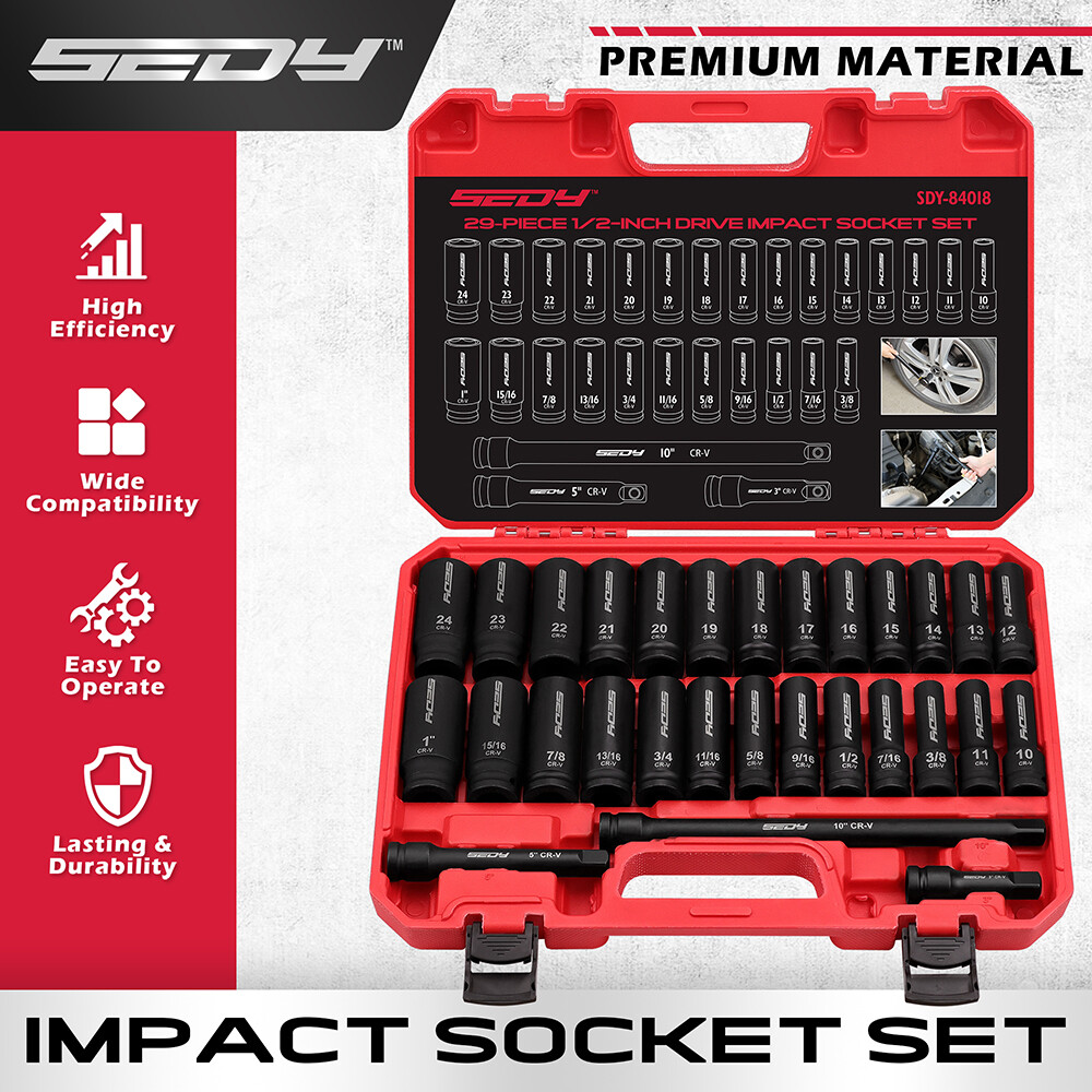 29Pcs 1/2″ Drive Deep Impact Socket Set with Extension Bars SAE and Metric CR-V