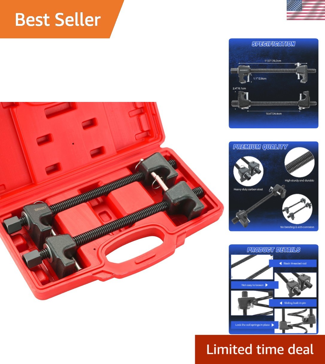 Automotive Spring Compressor Tool 10.5in Adjustable Range for One-Person Use