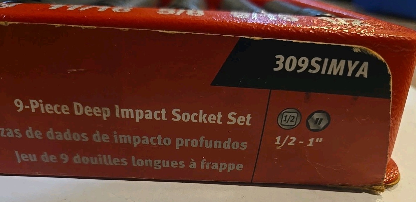 Snap-on 9 pc. 1/2″ drive 6 pt. SAE Flank Drive Deep Impact Socket Set 309SIMYA