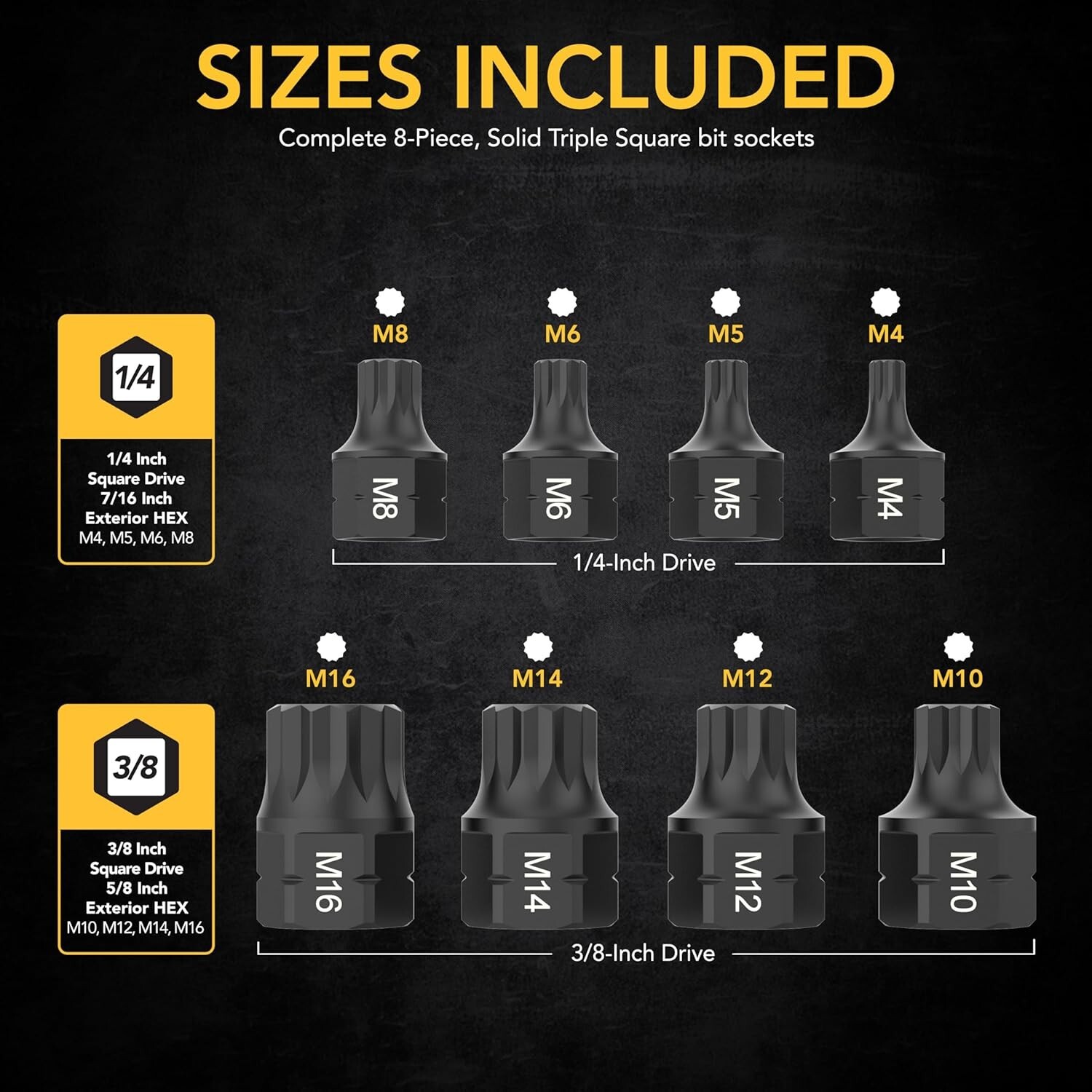 LEXIVON Triple Square Bit Socket Set8Piece(M4-M16)Dual Drive, Super Short LX145S