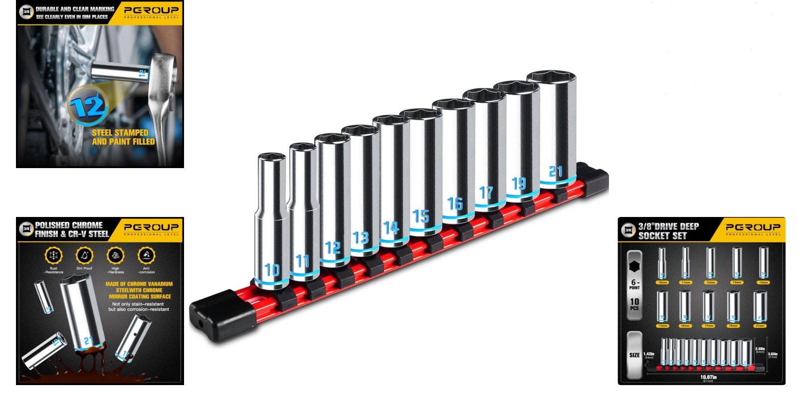 3/8 Inch Drive Deep Socket Set 10-Piece Metric 10-21mm Chrome Vanadium