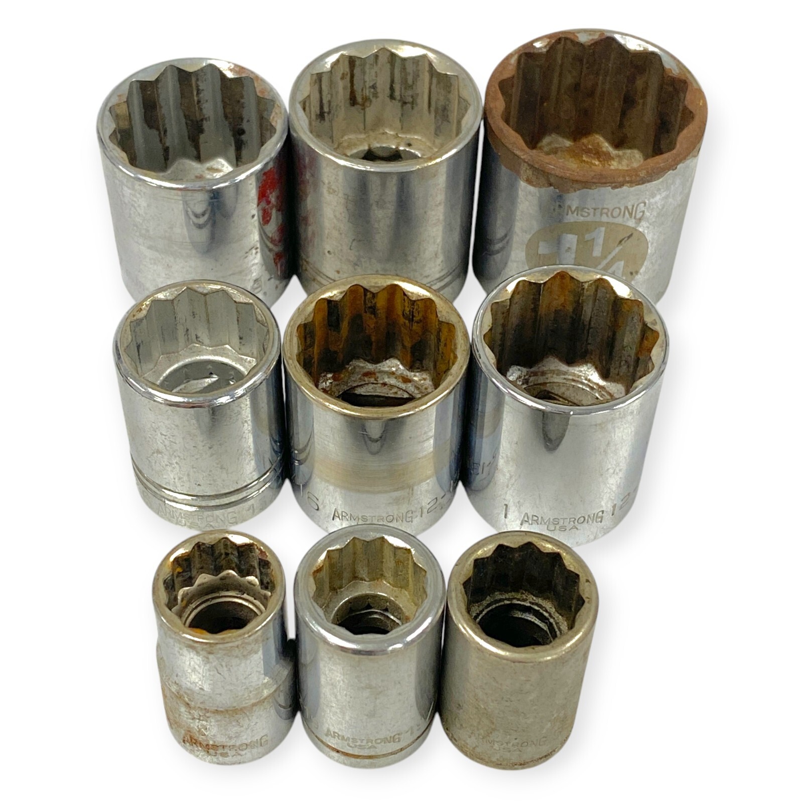 Armstrong 1/2 Drive 12 Point Socket Set 3/8 to 1-1/4 in, 9 Pcs, Made in USA