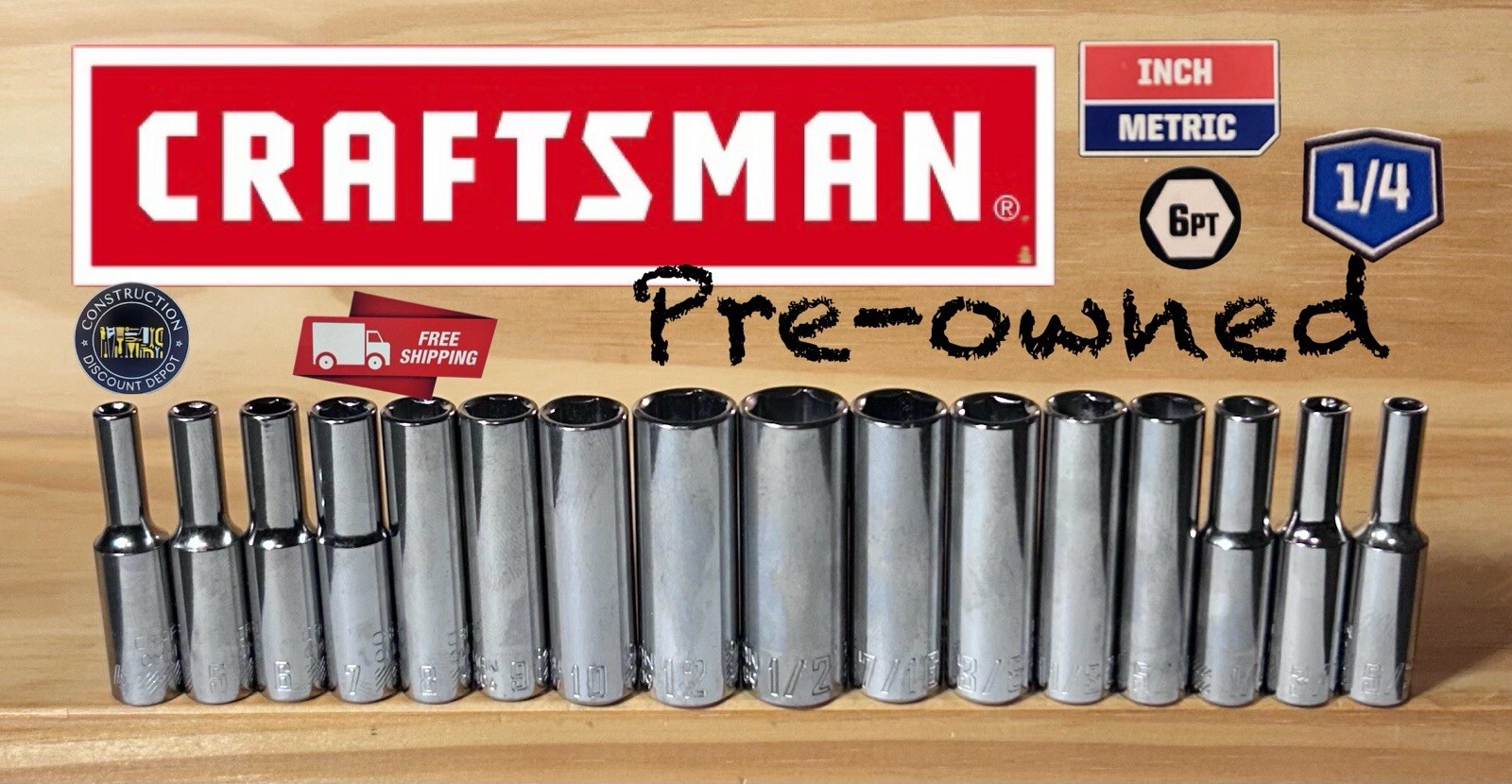 EUC Craftsman 16 Piece 1/4″ Drive 6 point SAE MM Deep Socket Set 5/32″-1/2″
