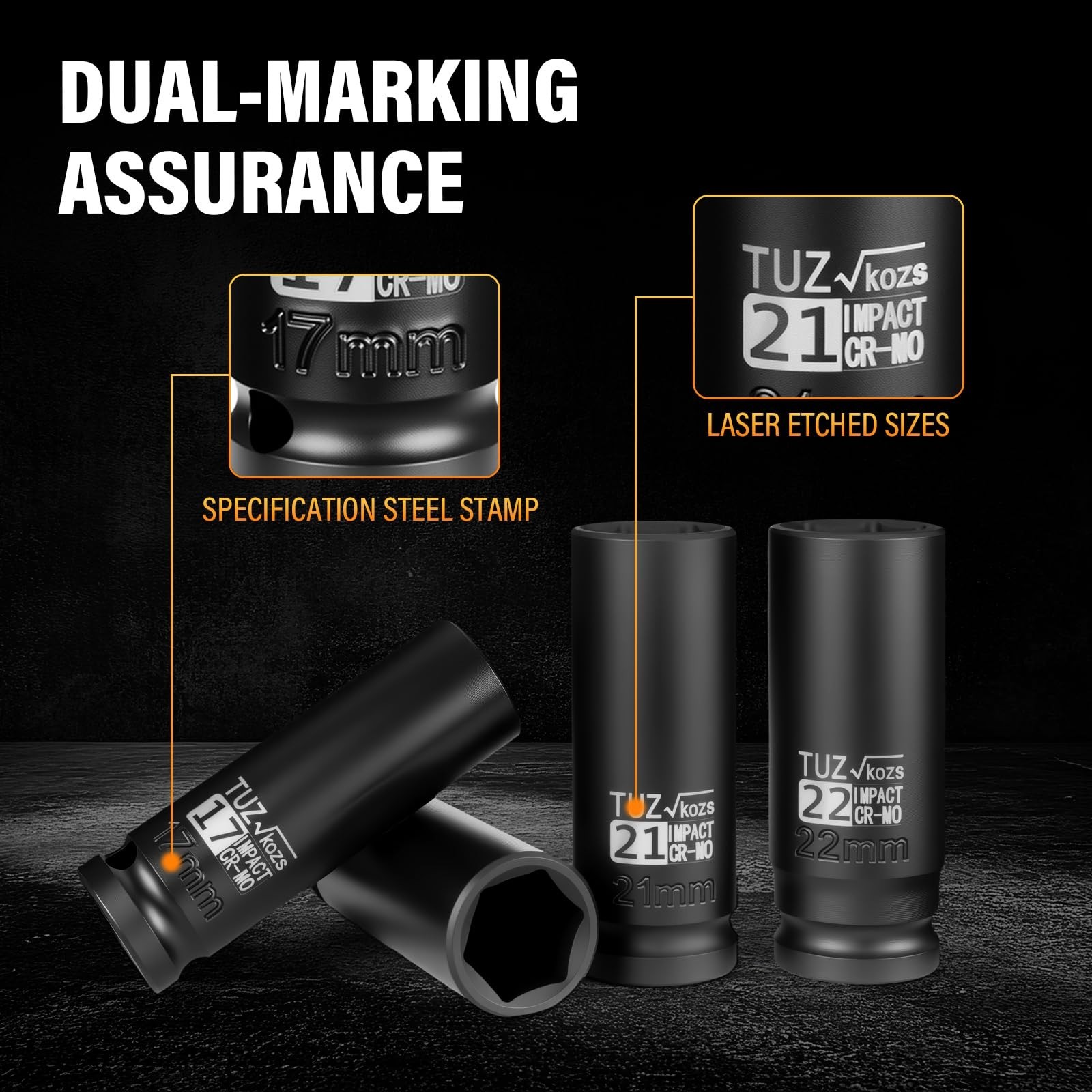 4-Piece 1/2″ Drive Deep Impact Socket Set – Metric 17mm 19mm 21mm 22mm, Cr-Mo, 6