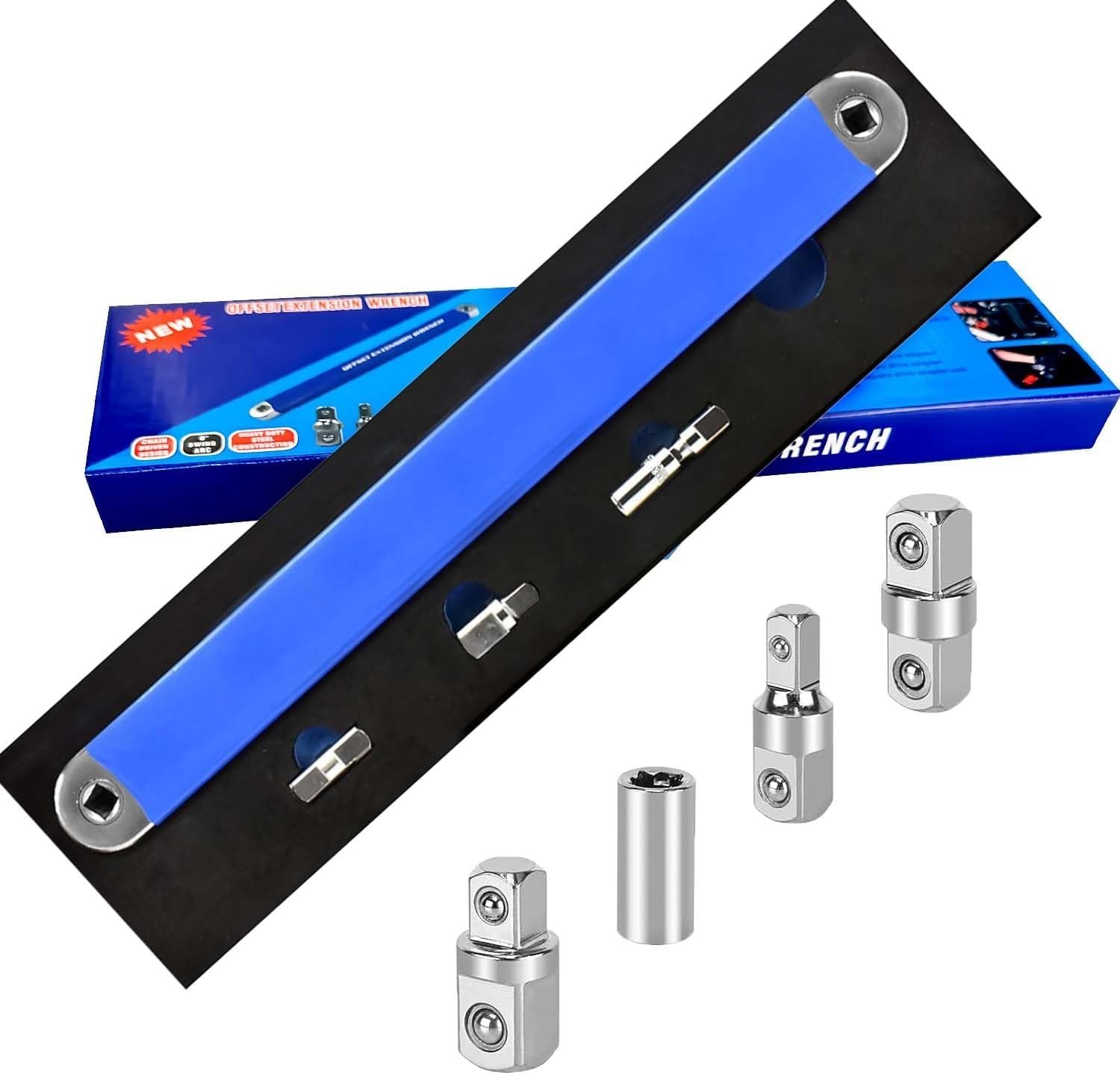 Versatile 15.4″ Offset Extension Wrench with 1/4″ & 3/8″ Drive Adapters – Blue