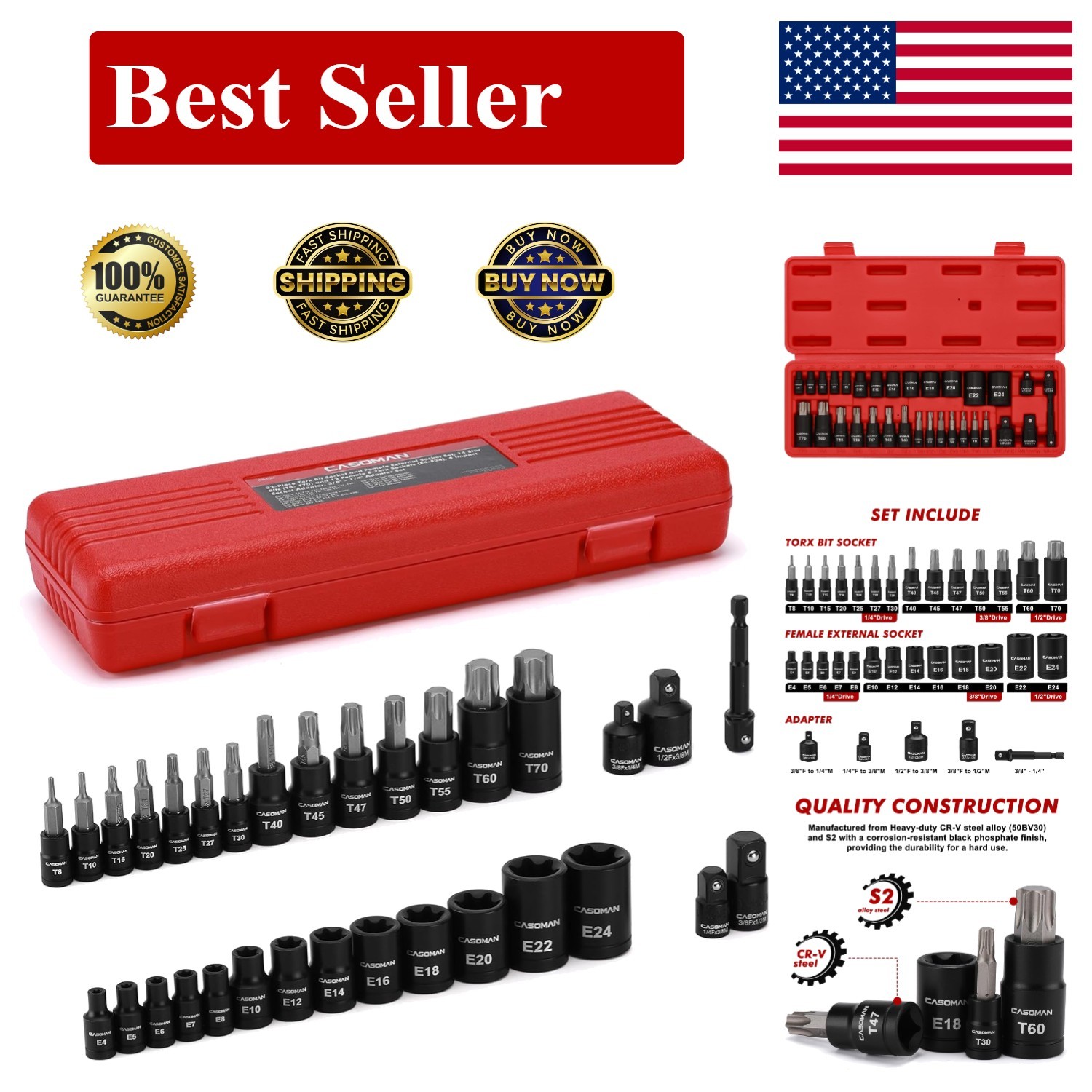 CASOMAN 32-Piece Torx Bit Socket and Female 32Piece (T8-T70 & E4-E24)