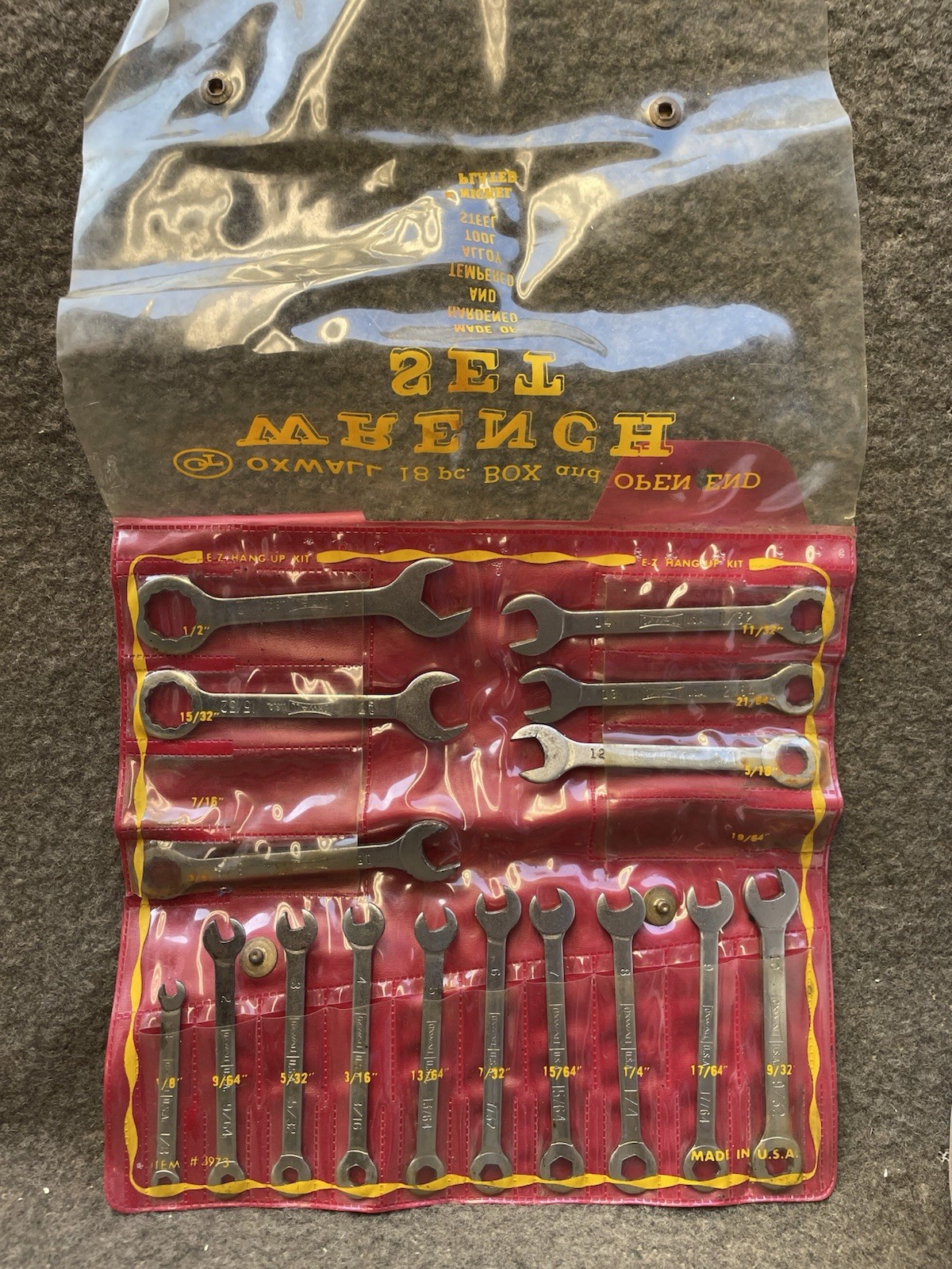Vintage Oxwall #3973 16 Pc. Box & Open Wrench Set SAE E-Z HANG-UP KIT