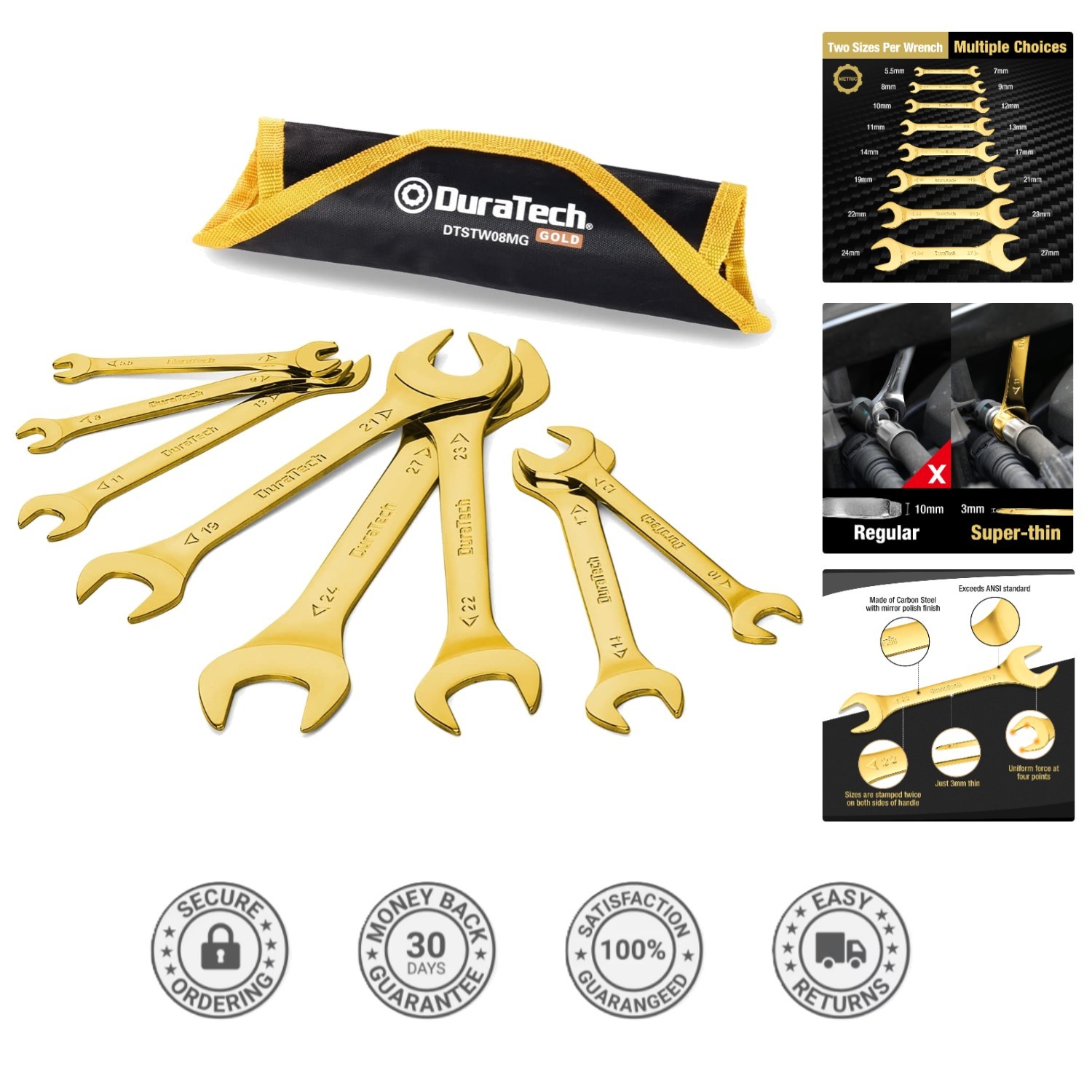 Durable Limited Edition 8-Piece Wrench Set with Rolling Pouch & Titanium Finish
