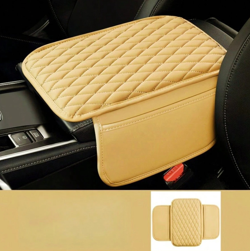 1pc Leather Car Armrest Cover – Console Cushion with 2 Storage Pockets-NEW