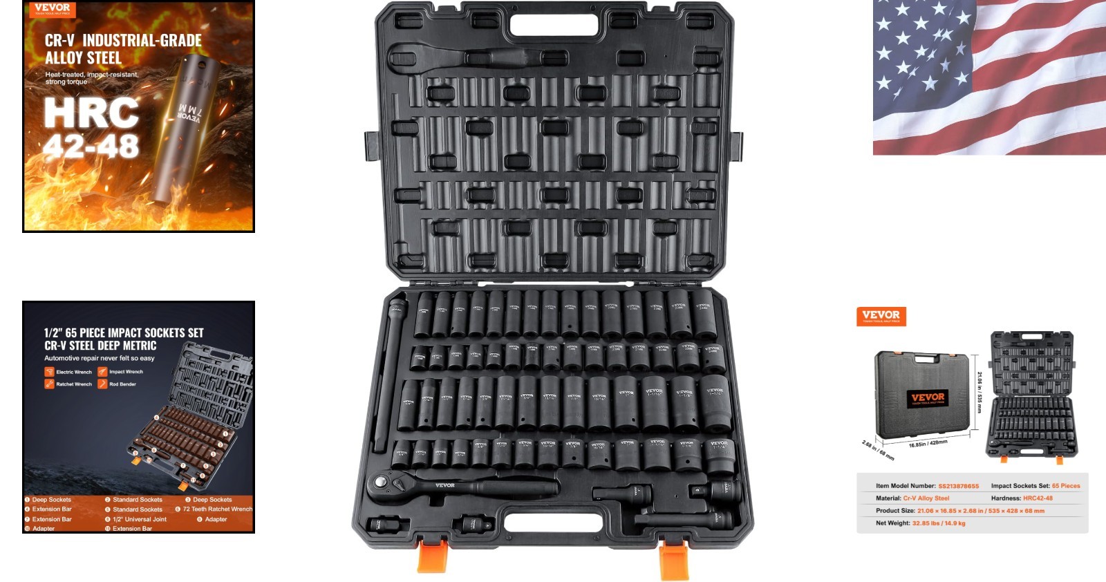 Rugged 65-Piece Hex Drive Socket Set – Chrome Vanadium Steel, Easy Size Markings