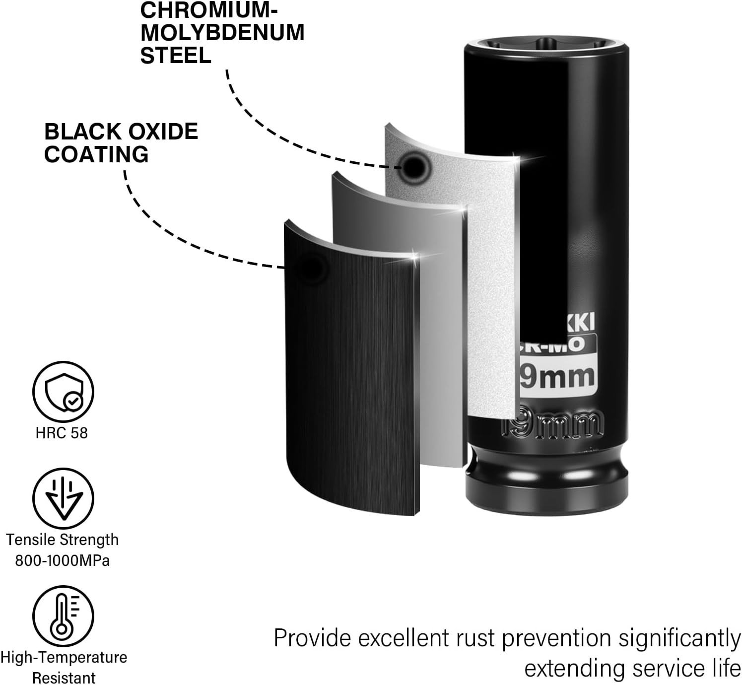 Durable 1/2″ Drive 19mm Deep Socket – Black Phosphate Finish, High Compatibility