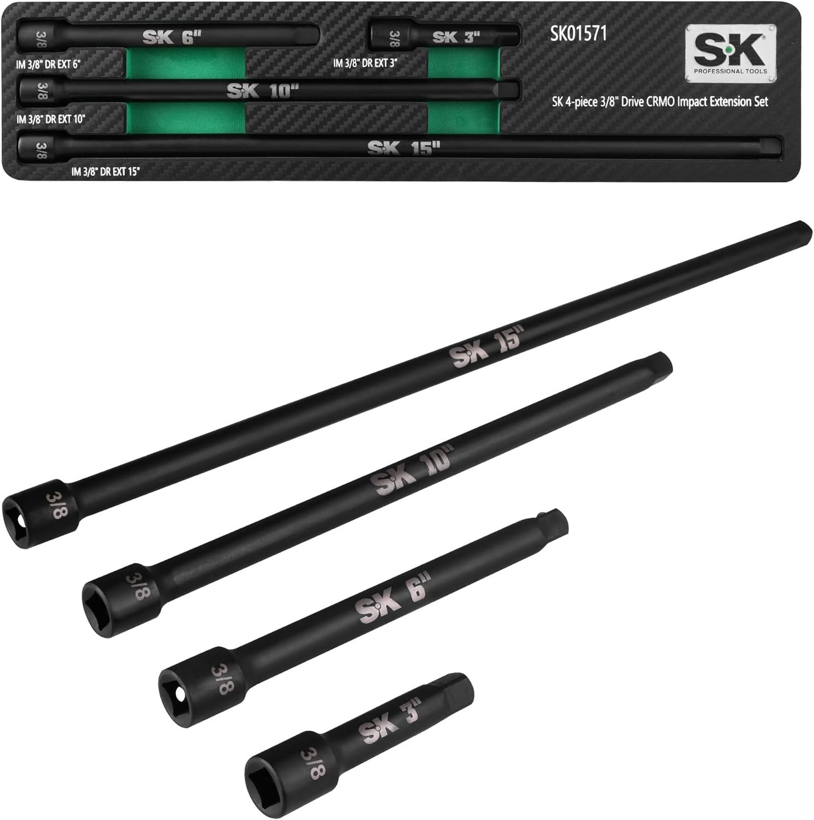 SK 4-Piece Impact Socket Extension Set, 3/8″ Drive, 3″, 6″, 10″, 15″ Extension