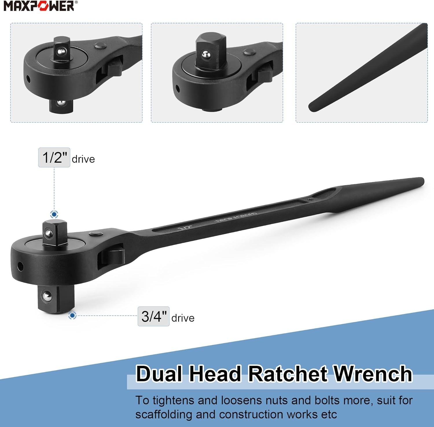 2PCS Dual Drive Head Ratchet Wrench, 1/2″ x 3/4″ Spud Ratchet 16 inch