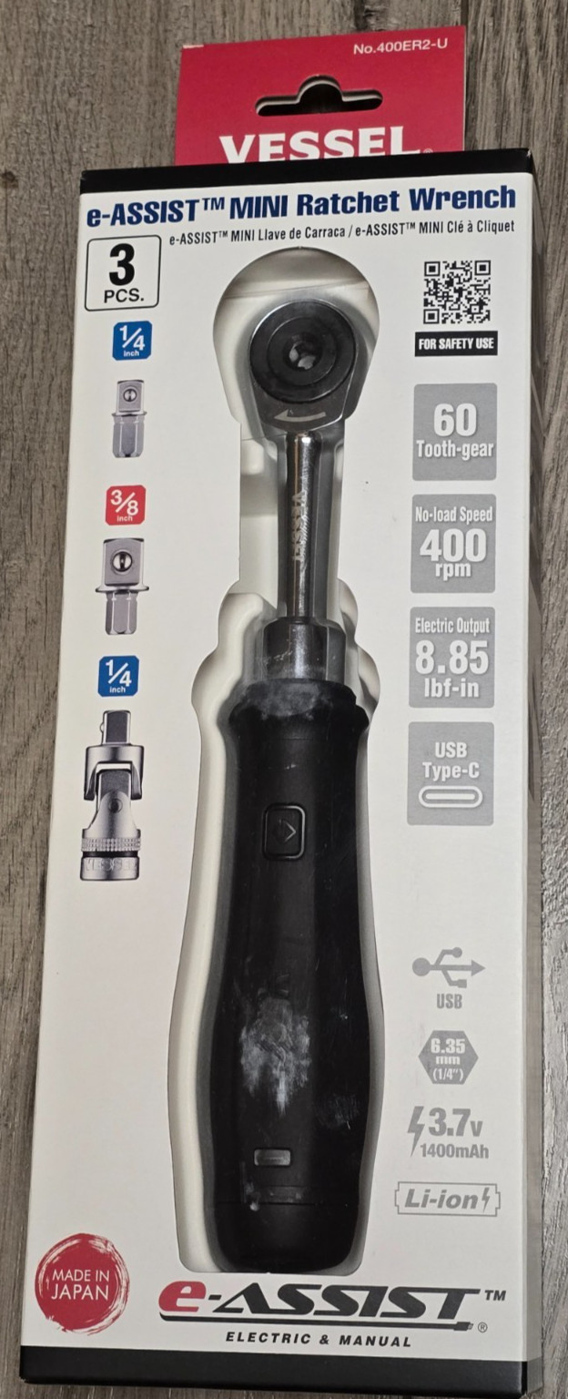 New Vessel E-Assist 1/4 Hex Cordless Ratchet w/1/4″ & 3/8″ dr Adapters #400ER2U