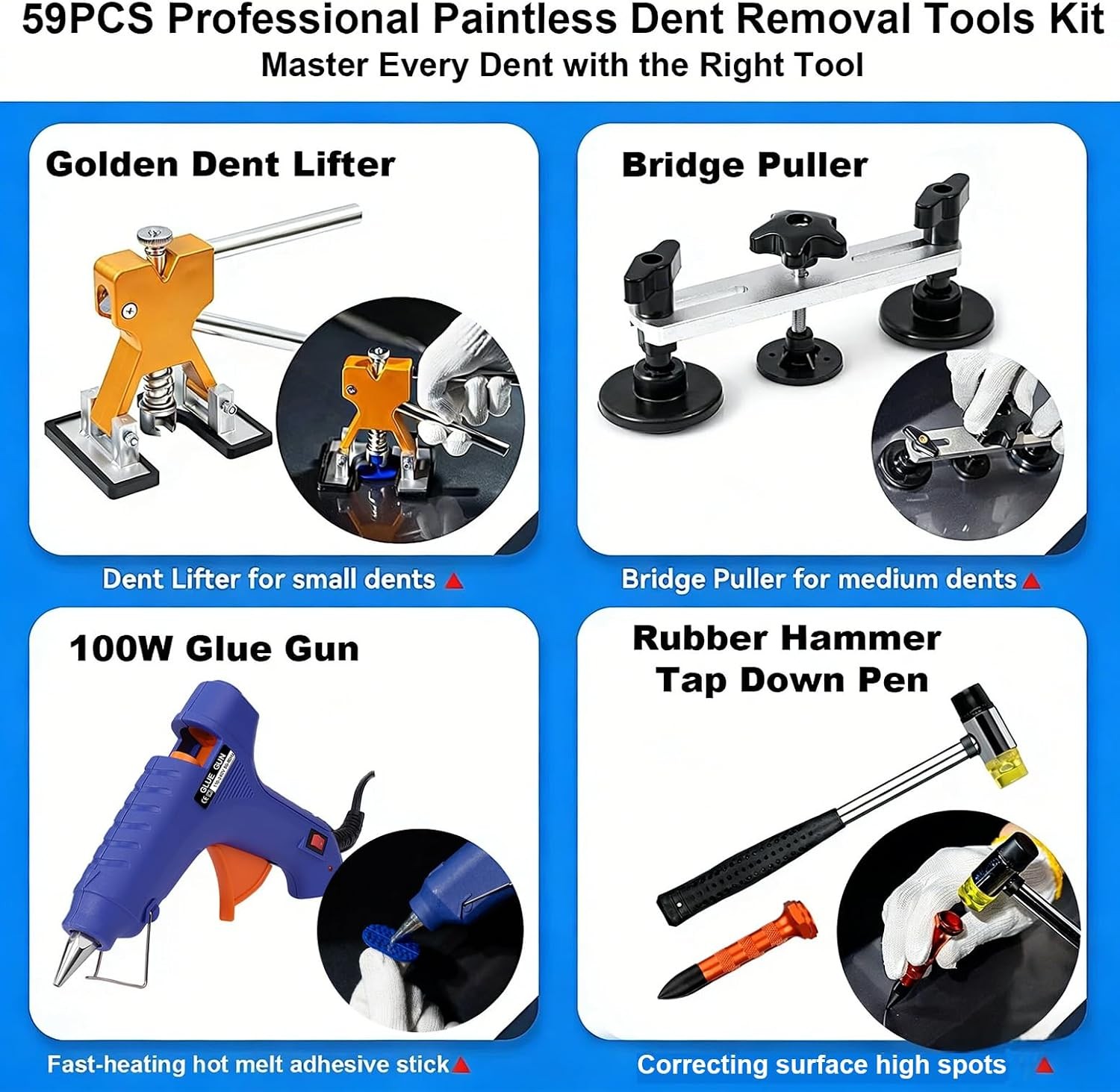 59PCS Dent Repair Kit Golden Lifter, Bridge Puller, Hot Glue Dent Puller and PDR