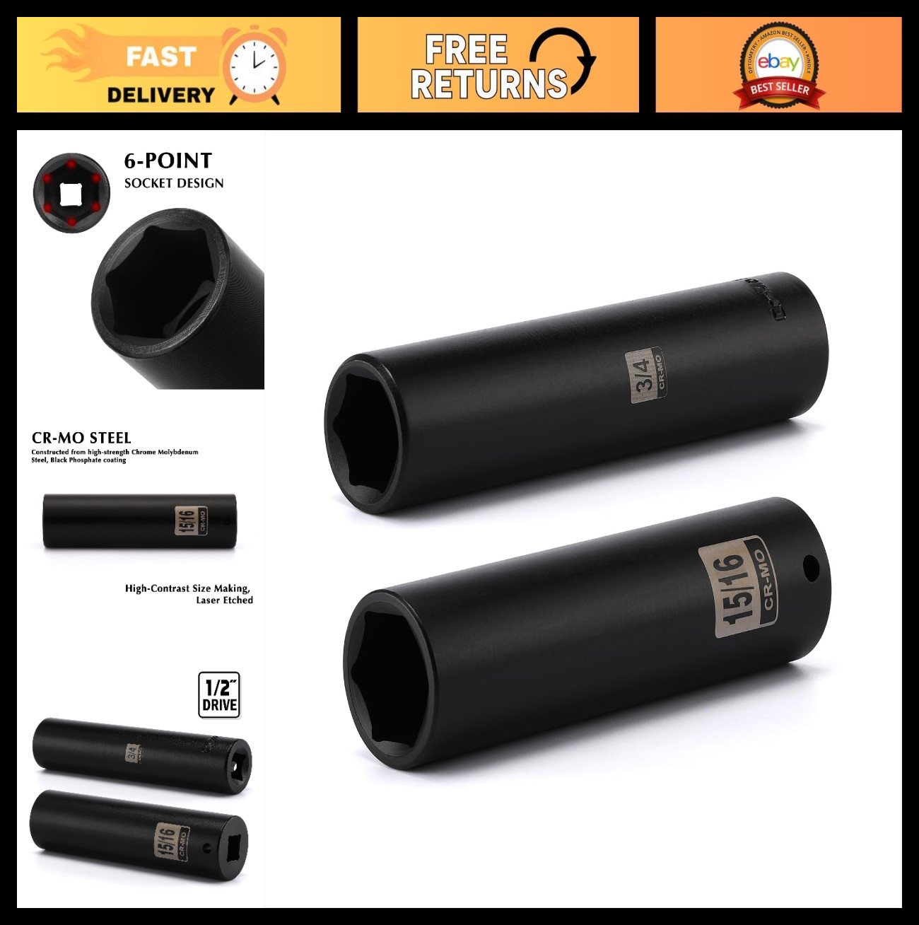 2PCS Extra Long Deep Impact Socket Set 1/2 Inch Drive – 3/4 & 15/16 Inch, CR-MO,