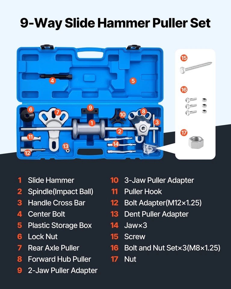 9-Way Slide Hammer Puller Set Front Rear Wheel Hub Bearing Remover 15PCS