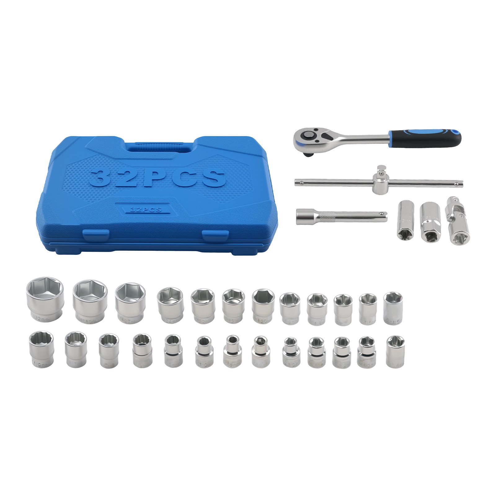 1/2″ Drive 32 Piece Socket Set 8-32mm 6/12 Point Ratchet Spark Plug Bar Kit