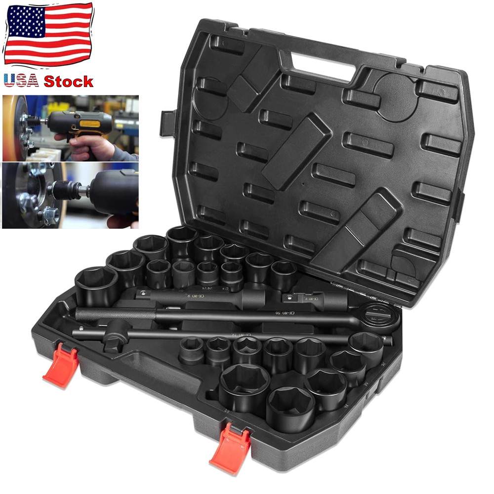 27PCS 02499A 3/4″ Drive Impact Socket Set SAE (7/8″ to 2″) Metric (22-50mm) Size